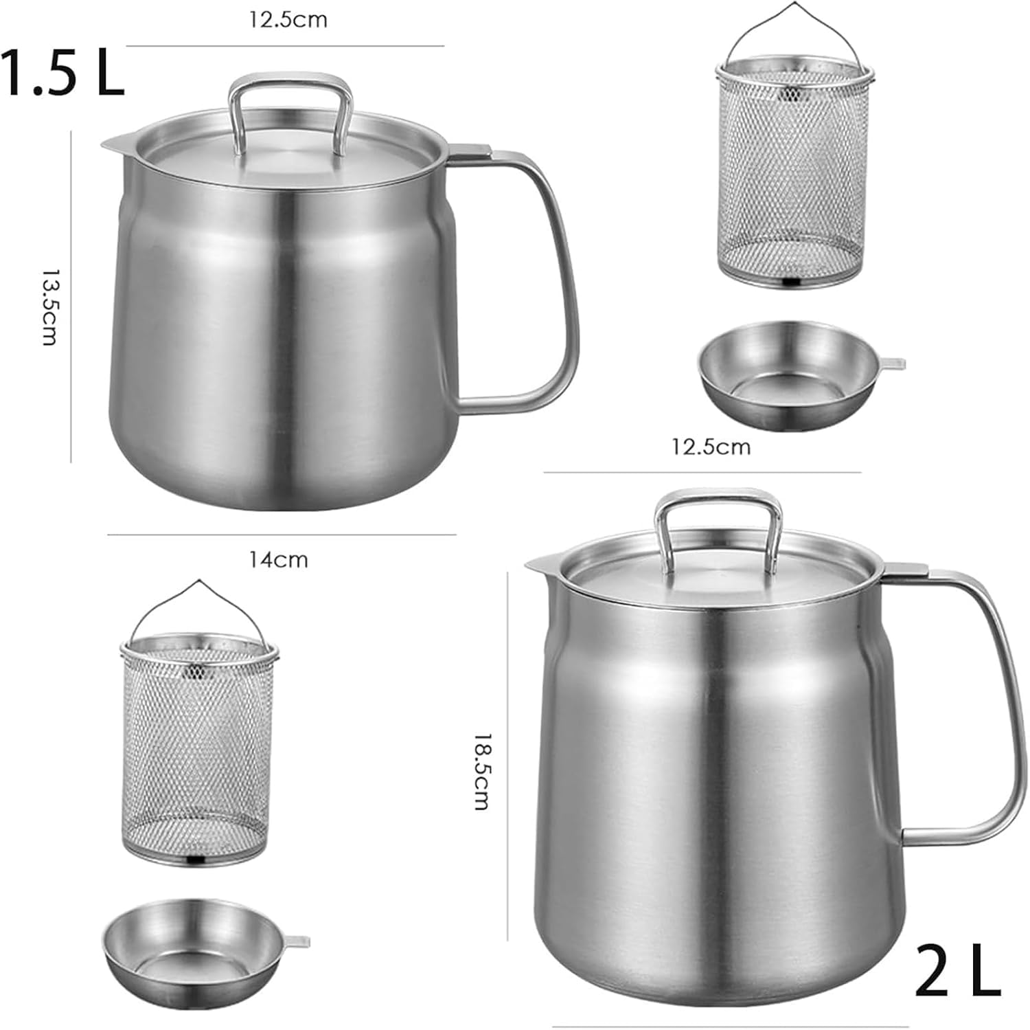 Stainless Steel Fryer with Basket, Lid, 50/68oz Large Capacity 2 in 1 Oil Strainer Pot, Large Capacity Versatile Oil Filter Pot Vessel (2L / 68oz)