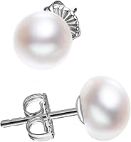 JORA Sterling Silver 6-6.5mm White Button Freshwater Cultured Pearl Stud Earrings - Elegant Everyday Gift for Women