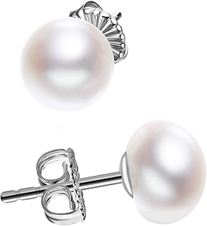 JORA Sterling Silver 6-6.5mm White Button Freshwater Cultured Pearl Stud Earrings - Elegant Everyday Gift for Women