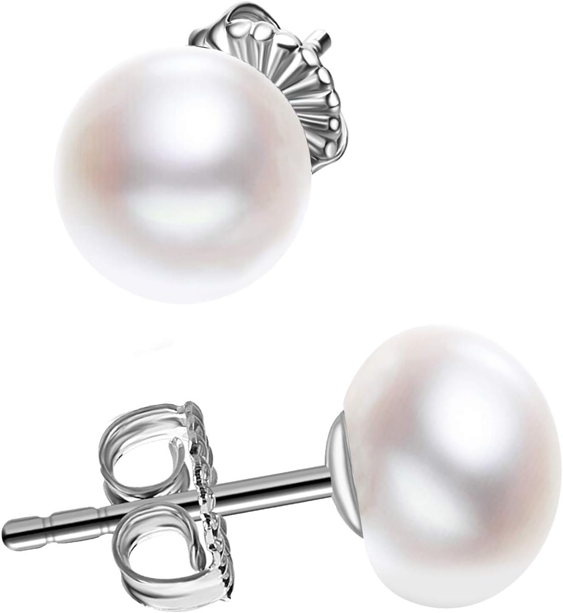 JORASterling Silver White Button Freshwater Cultured Pearl Stud Earrings for Women Gift
