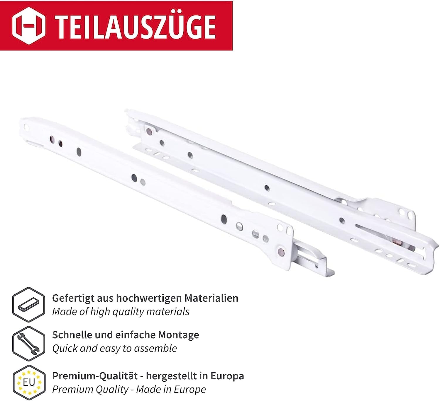 Gedotec Wyciąg do szuflad, 450 mm, 10 par – szyny do szuflad, metalowe prowadnice na kółkach, regał regałowy, stal biała, wysuwany mebel do szuflad drewnianych, prowadnica kulkowa, prowadnice do szafek kuchennych