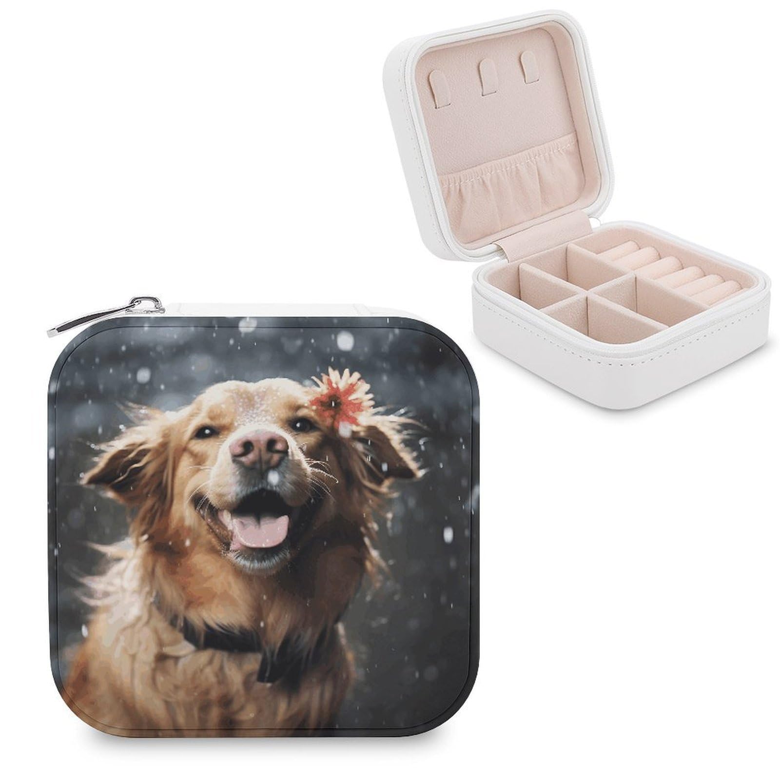 FekiLoot Happy Dog in Rain Jewelry Case Personalized Leather Jewelry Box Mini Travel Jewelry Case Small Portable Jewelry Organizer for Ring Earrings Necklace Bracelet