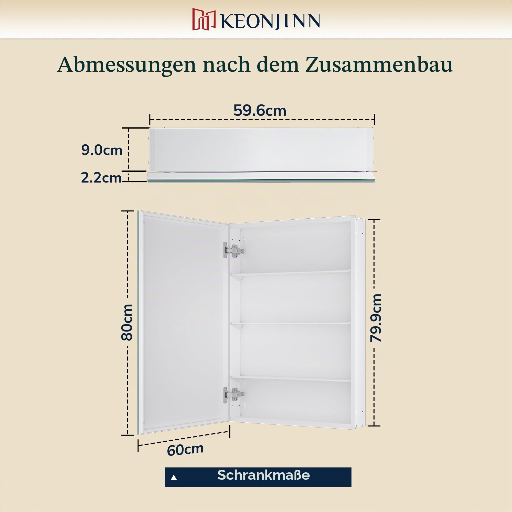 Keonjinn Spiegelschrank Bad, 60 x 80 cm Badezimmerschrank mit Spiegel, Hängeschrank mit verstellbaren Regalen, Modern Wandschrank für Badezimmer, weiß