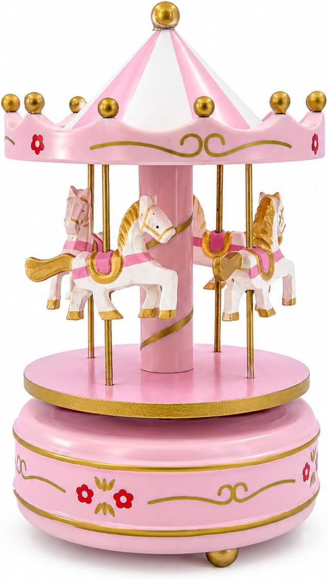 Pink Merry-Go-Round Horse Christmas Birthday Gift Carousel Music Box, Clockwork Mechanism Carousel Music Box Birthday Party Cake Topper Decorations
