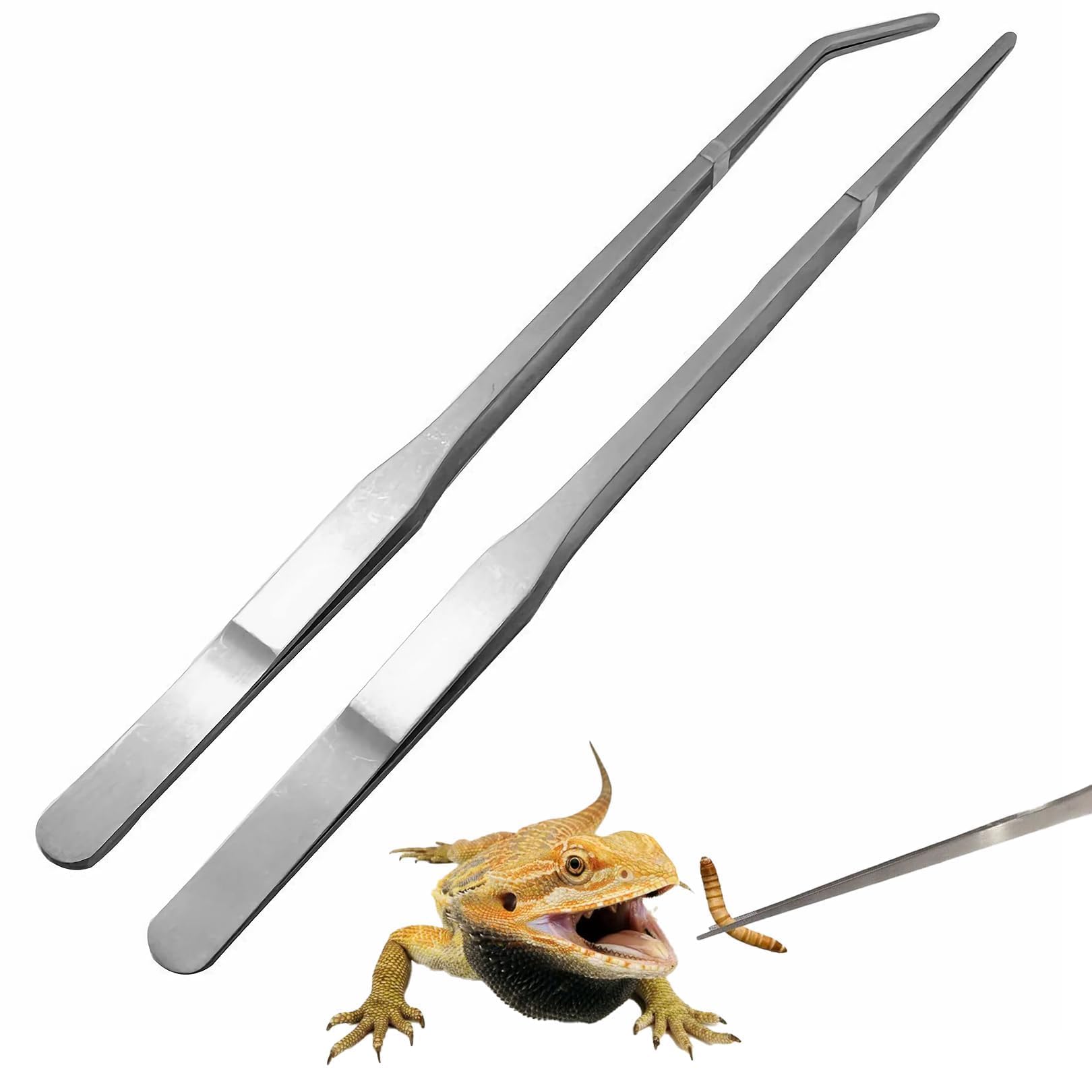 2 Pcs Aquarium Tweezers,Stainless Steel Reptile Feeding Tongs,Multi-Purpose 27cm Straight and Curved Tweezer Non-Slip Extra Long Tweezers Feed Terrarium Tools Feeder Tool Set for Tank Lizards,Silver