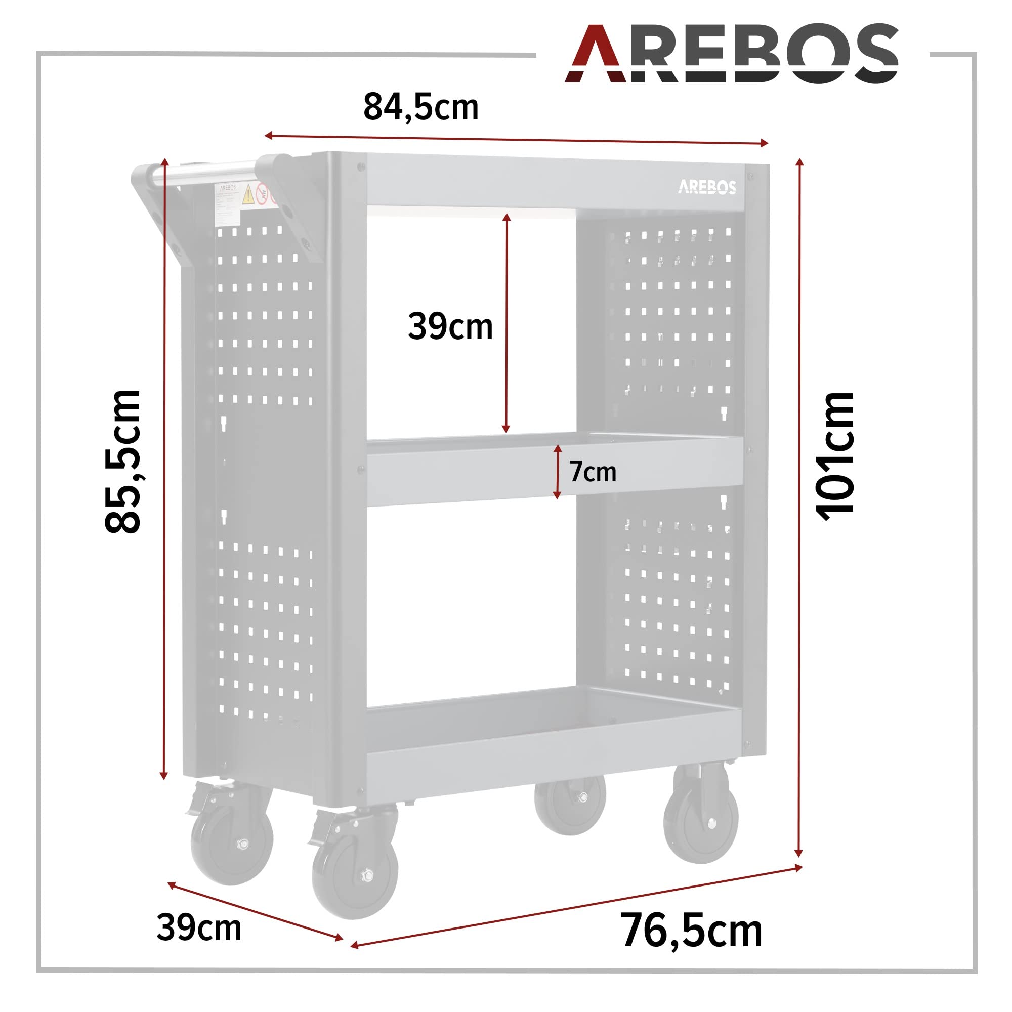 Arebos Servicewagen 3 Fächer | Werkstattwagen | Werkzeugwagen | Rollwagen für Transport und Lagerung | Multifunktionaler Etagenwagen | Allzweckwagen | 18-teiliges Hakenset | Anthrazit/Schwarz