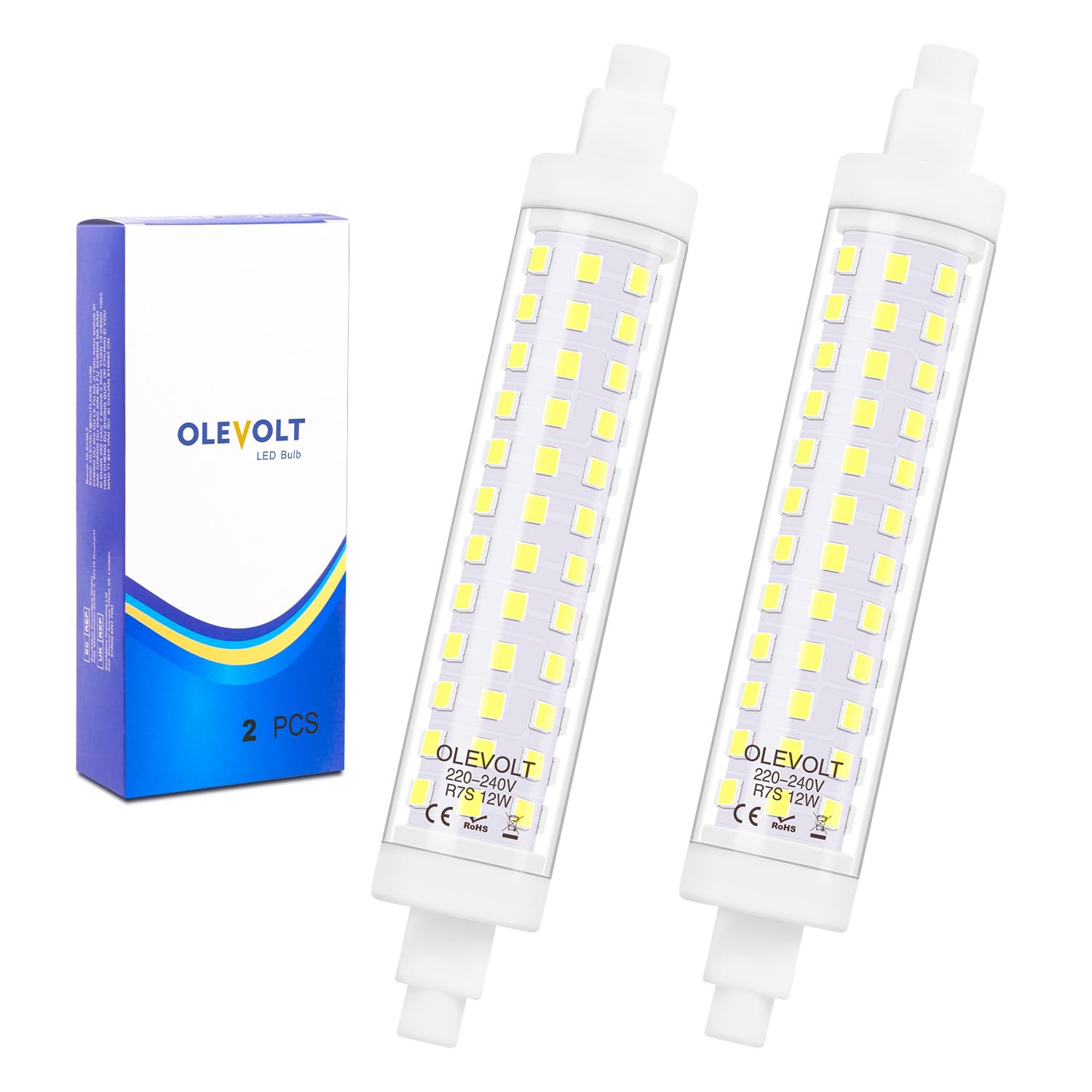 OLEVOLT Lampadine R7S 118mm LED 12W Luce Fredda 6000K 1380LM, Equivalente a Lampada Alogena R7S J118 120W, AC 220-240V, R7S LED 118mm Non-Dimmerabile Nessun Sfarfallio, Set di 2