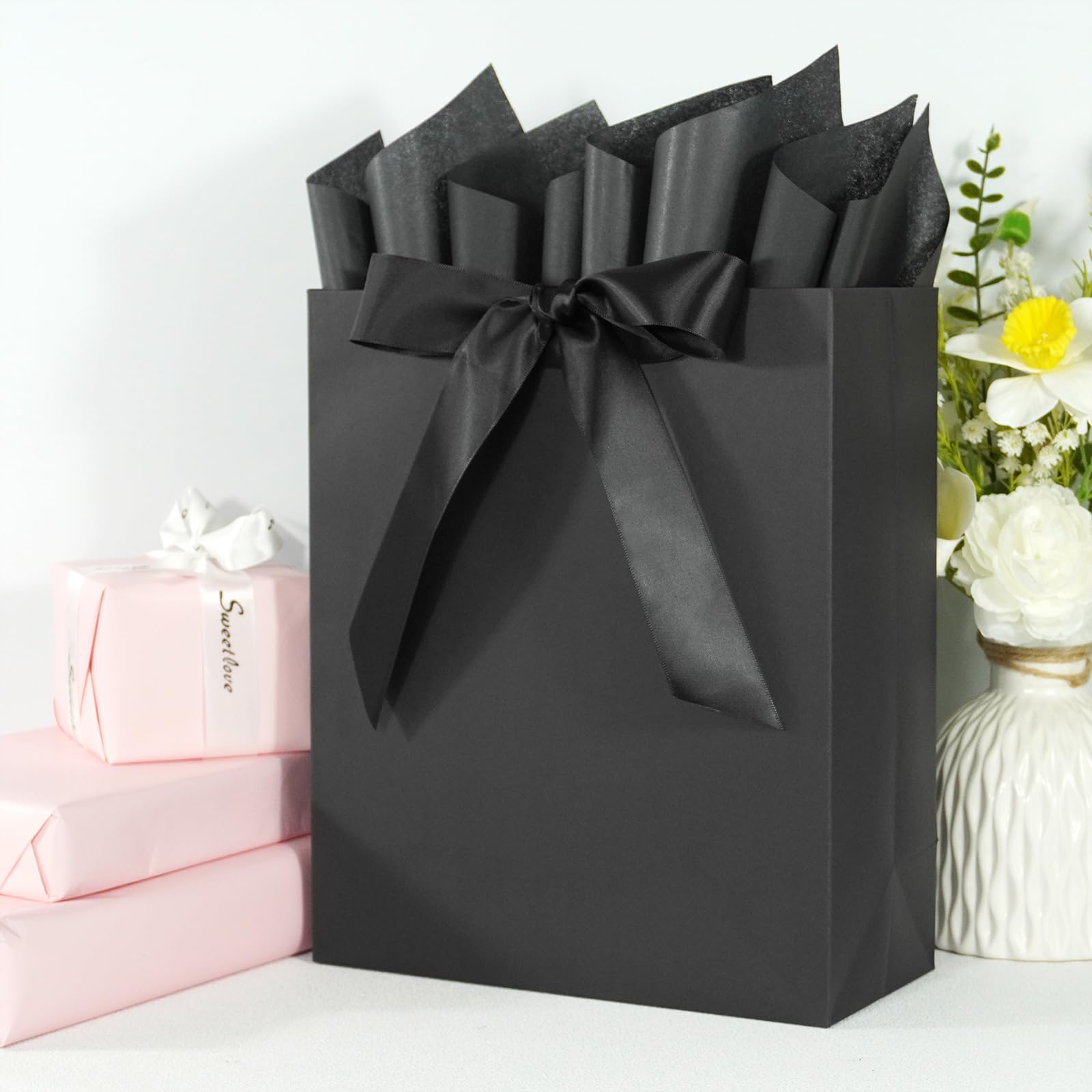 Elegant Black Gift Bag 10.2"x4.7"x12.2" with Ribbons Handles, Includes Card and Tissue Papers for Weddings, Birthdays, Baby Shower, Parties, Holidays