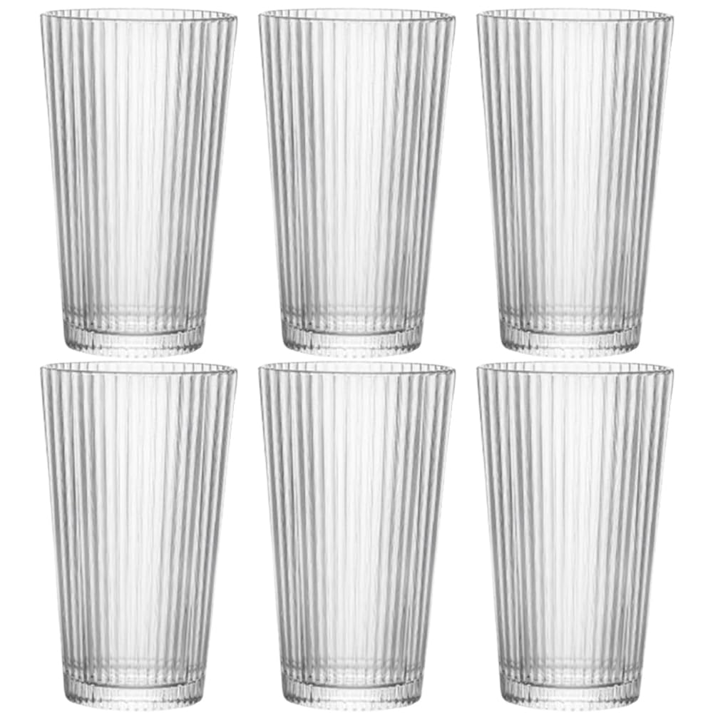 Ribbed Highball Glass Set of 6 16oz Striped Tumblers for Cocktails Smoothies Iced Coffee Whiskey and Juice Set