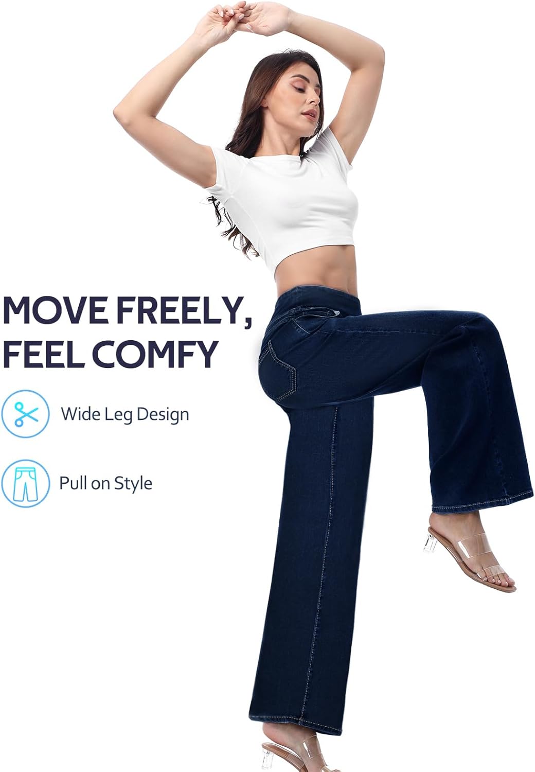 Pull on Wide Leg Jeans for Women, High Waisted Stretchy Baggy Trendy Tummy Control Straight Leg Jeans Denim Pants - Image 6