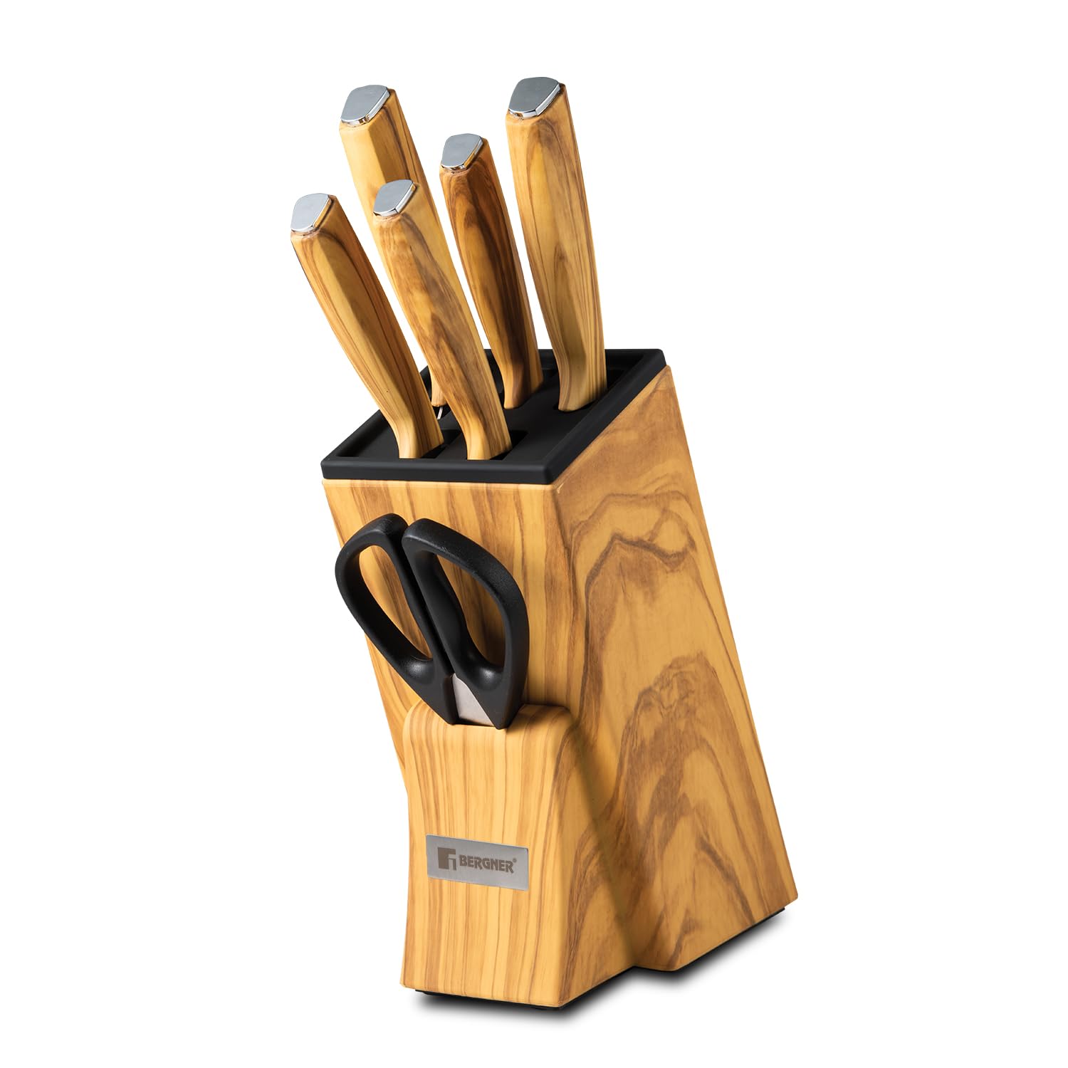 Bergner Olive Garden Stainless Steel 7 Pcs Knife Set - Kitchen Knife Set of Chef Knife, Santoku Knife, Carving Knife, Utility Knife, Paring Knife, Scissor with Wooden Block, Durable, Soft Touch Handle