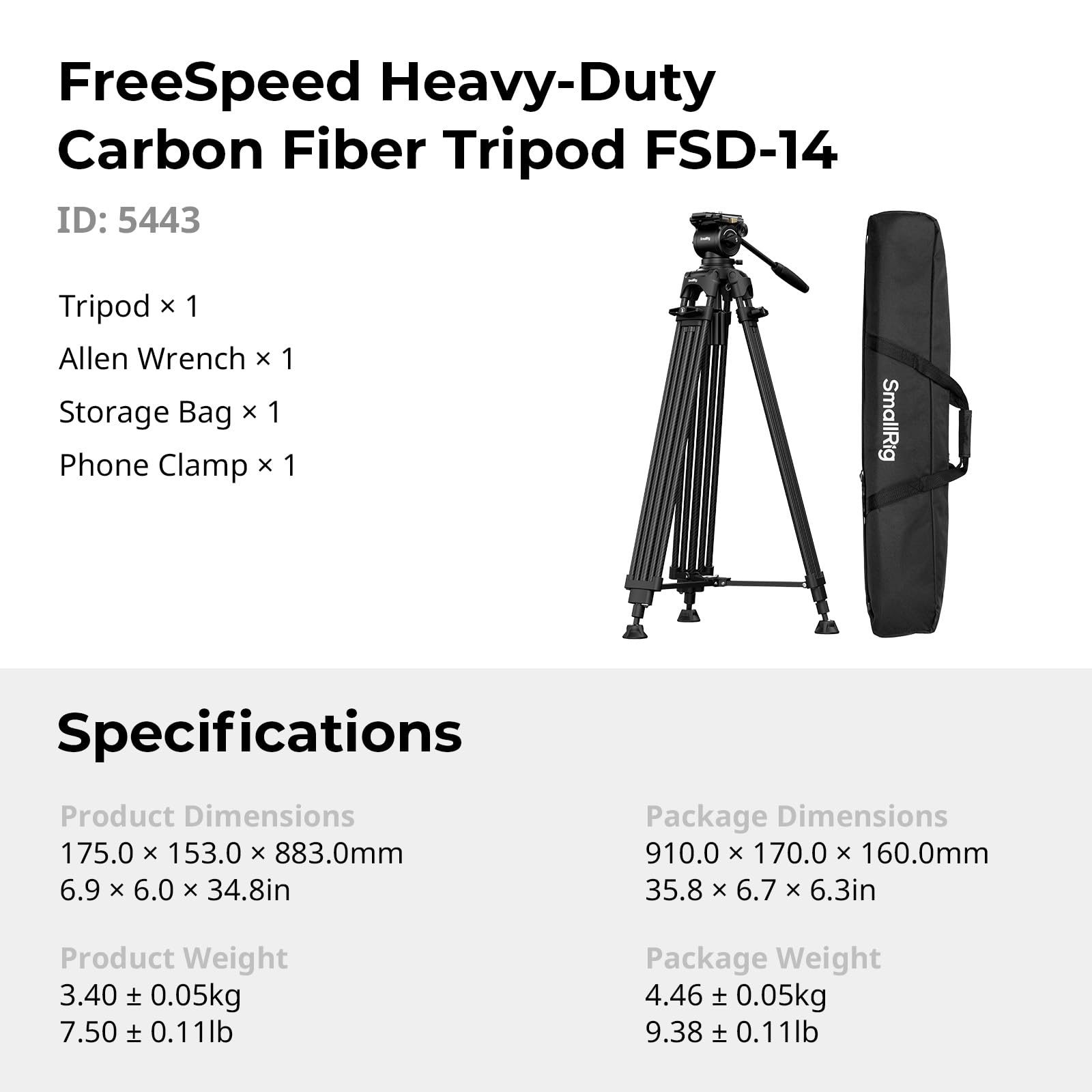 SMALLRIG Treppiede Video FreeSpeed ​​in Fibra di Carbonio per Impieghi Gravosi, Treppiede per Fotocamera da 75" con Testa Fluida per Piastra Manfrotto, Estensione Rapida, Portata Fino a 10 kg, 5443