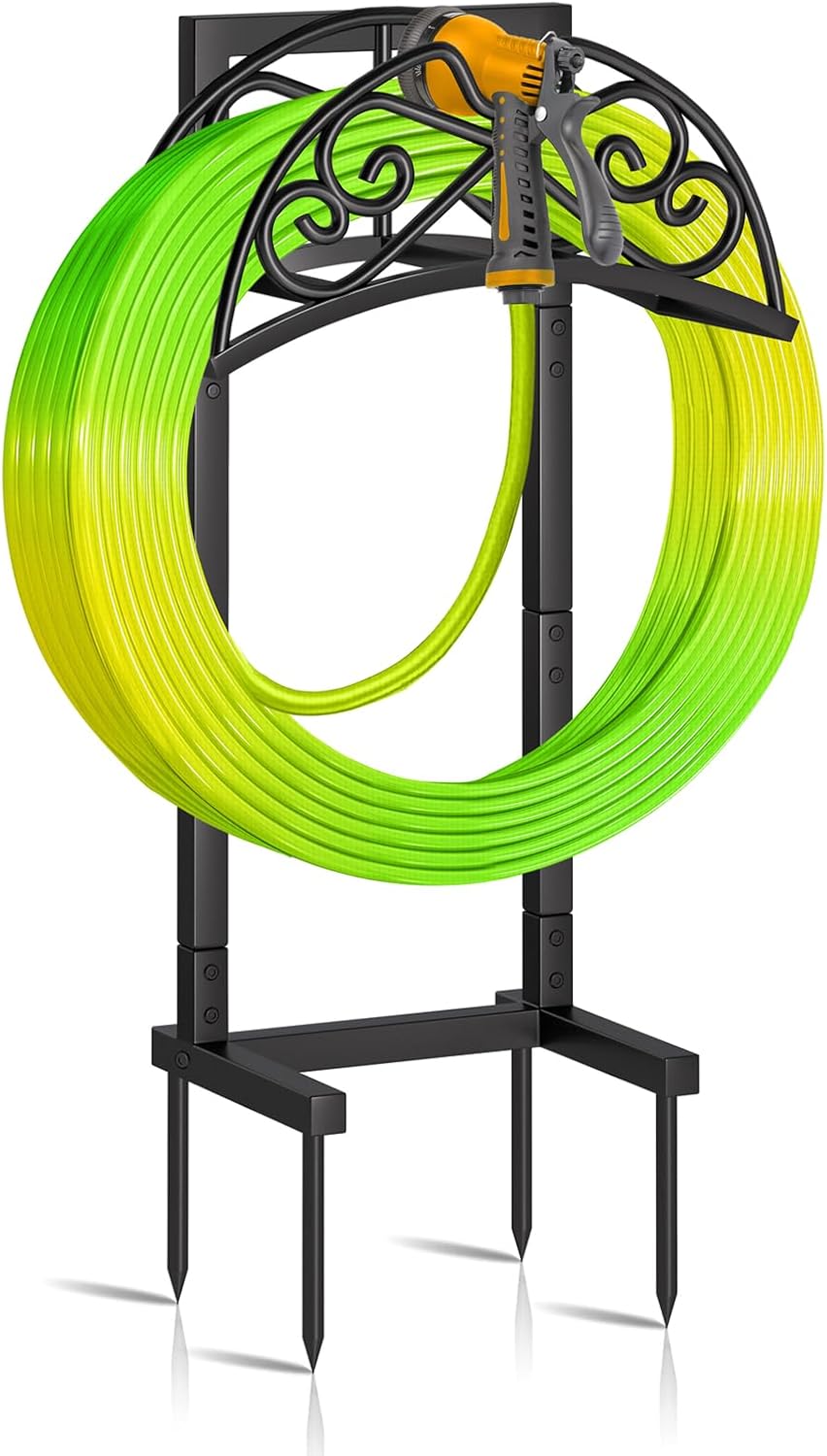 biguphate Garden Hose Holder Outside, Heavy Duty Water Hose Storage with 4 Spikes, Metal Yard Hose Hanger for 150FT Hose, Durable Lawn Hose Reel Rack