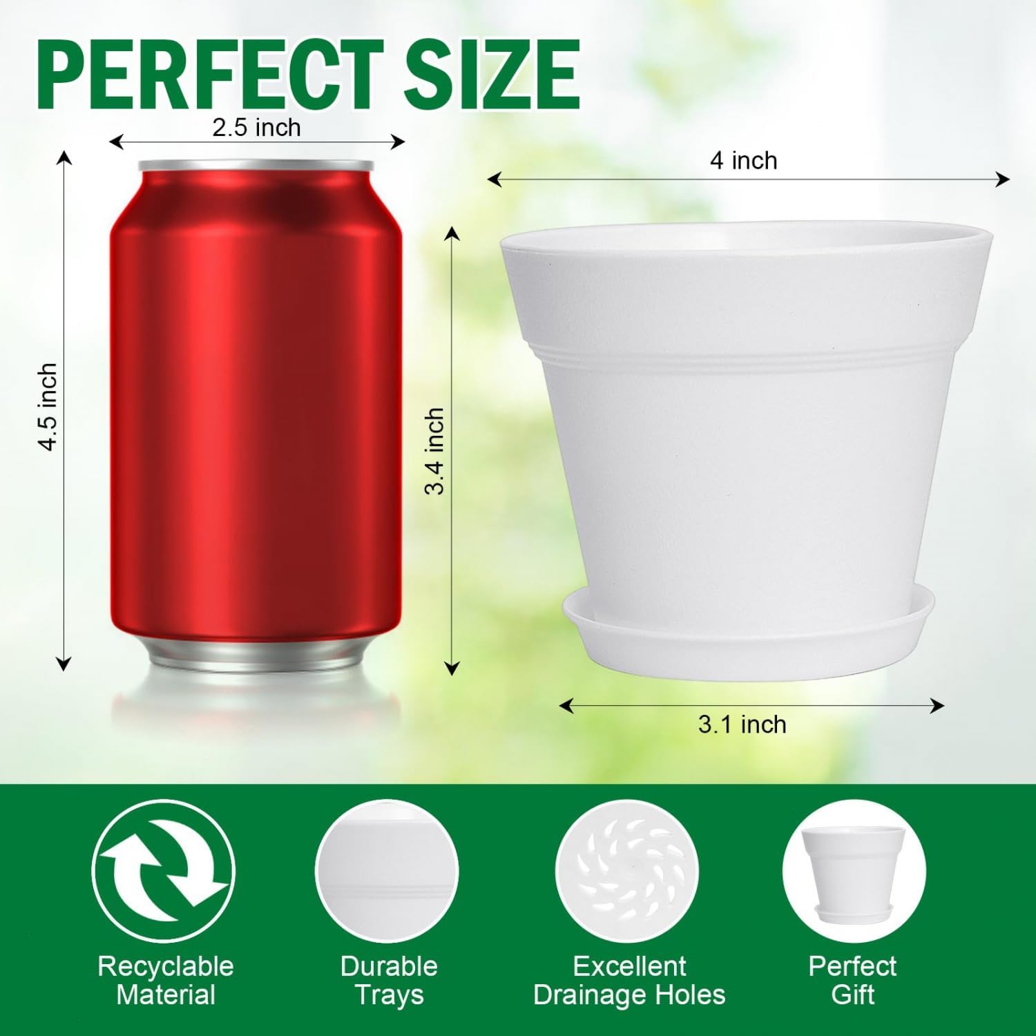 June Fox 60 Pack Small Plant Pots Indoor 4 Inch Plastic Planter with Drainage Holes and Saucers Premium Decorative White Plant Pot for Succulent, African Violets, Flowers, Plants