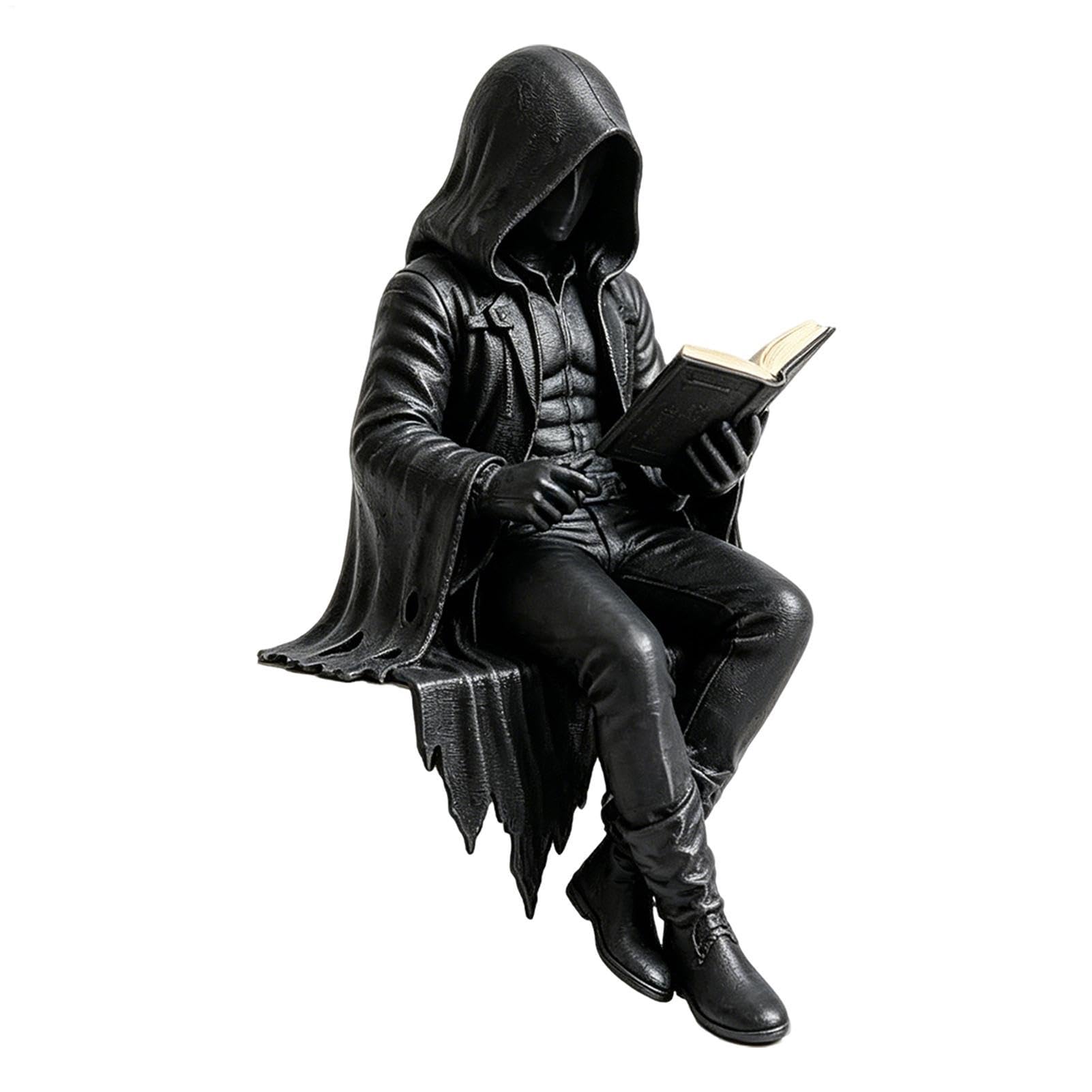 Hand-Painted Solid Resin Gothic Dark Fantasy Book Reading Shelf Sitter Statue, Mysterious Hooded Skeleton Faceless Figure Ornament For Reading Nook Bookshelf Halloween Collector Present
