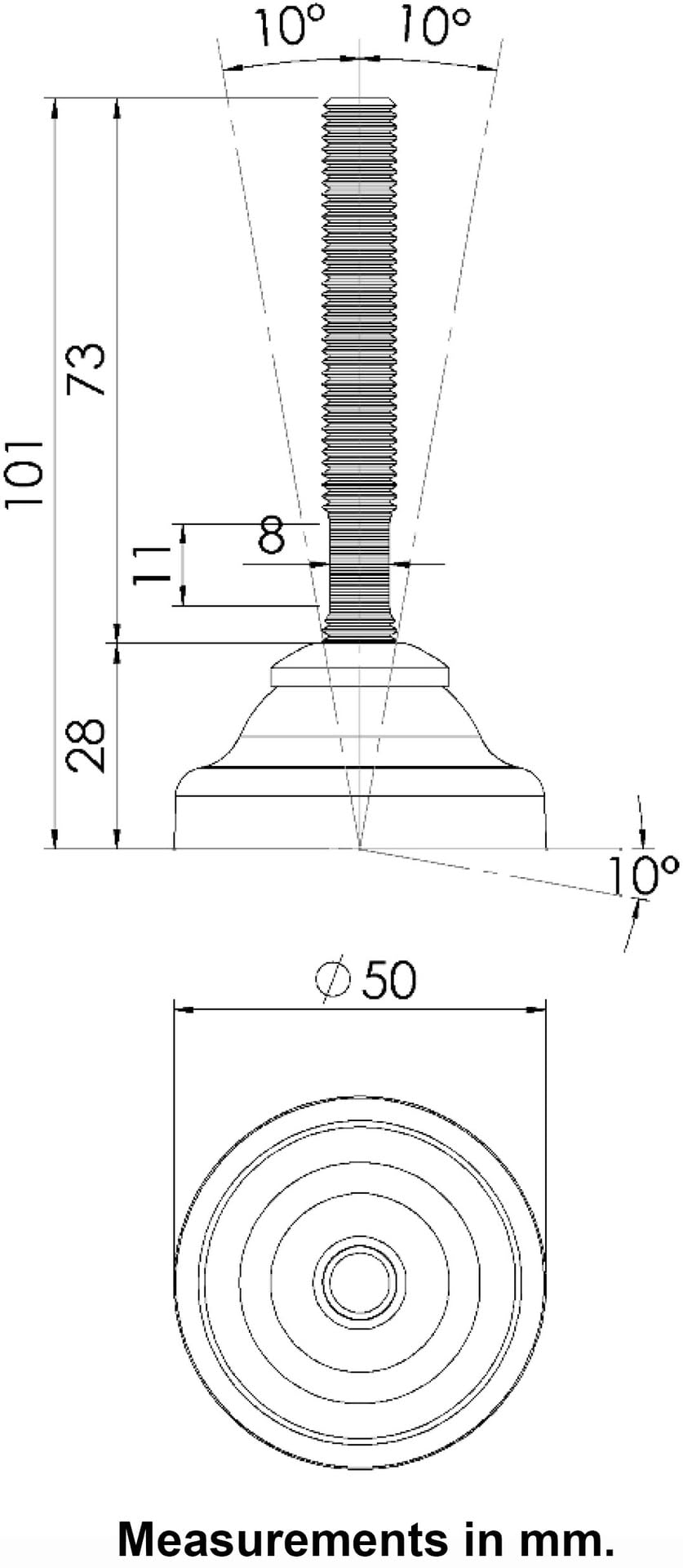 Patas de nivelación de acero inoxidable M10x70 base de plástico + inserciones 30x30 M10 1.5mm 500kg