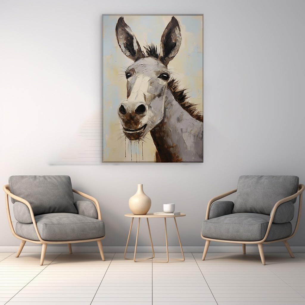 Canvas for Living room. Smiling Donkey Portrait - A Joyful Brush with Realism, 27 x 18 inch Canvas Wall Art - Contemporary Masterpieces - Modern Home Decor - 69x46 cm (27x18 inch)