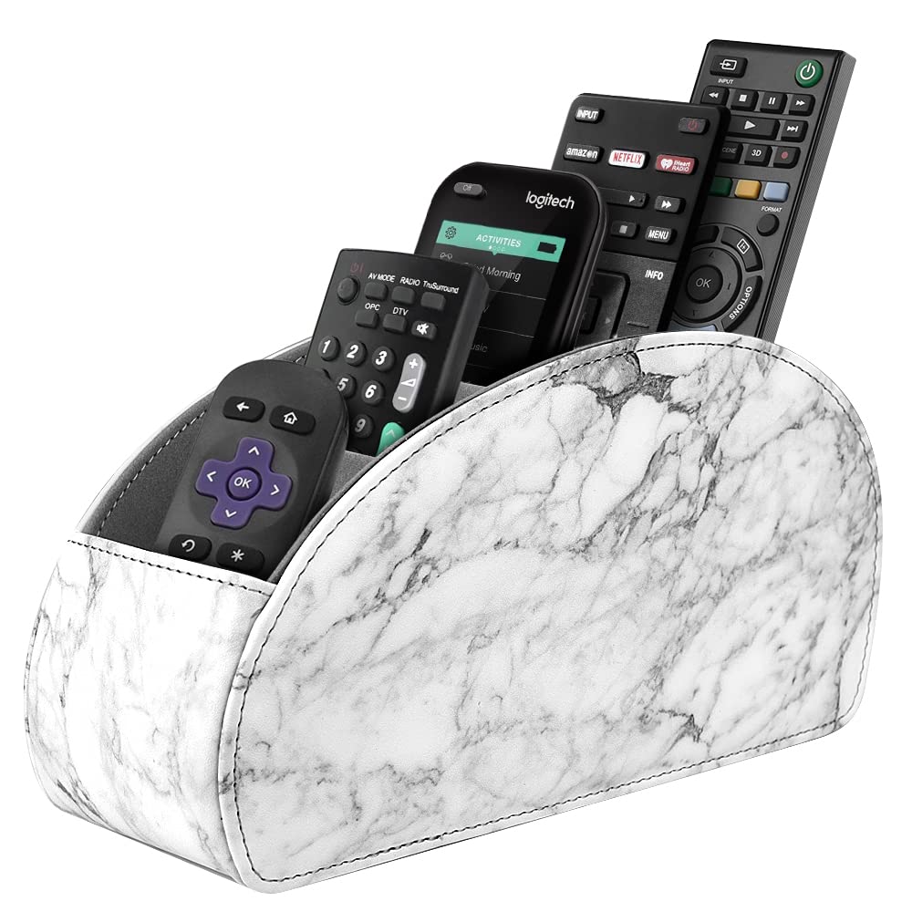 SITHON Remote Control Holder with 5 Compartments - PU Leather Remote Caddy Desktop Organizer Store TV, DVD, Blu-Ray, Media Player, Heater Controllers, Marble