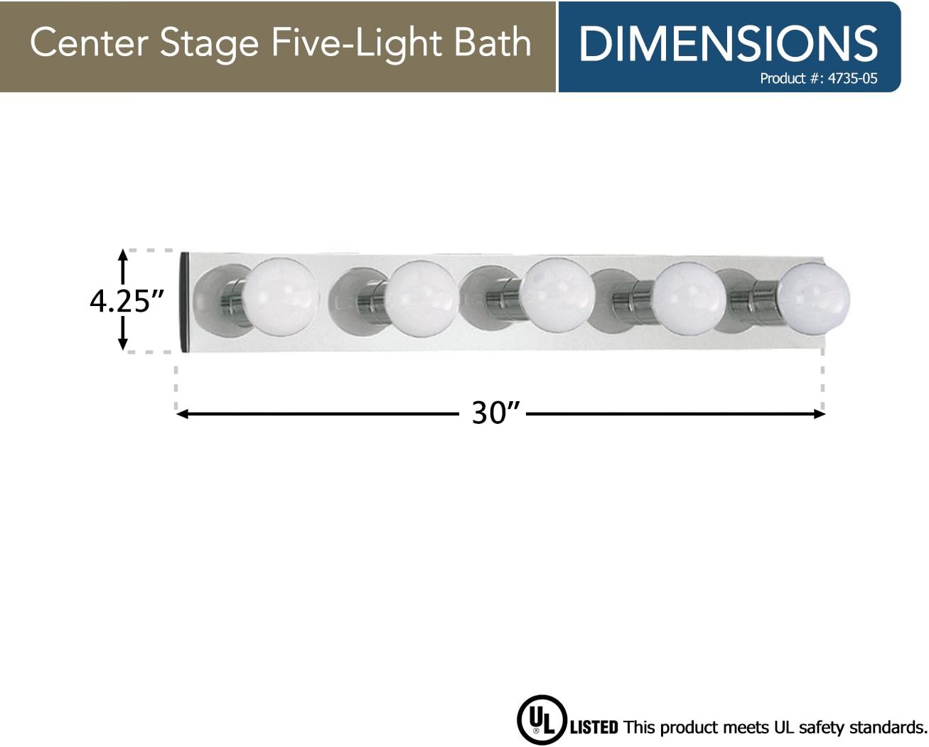 Generation Lighting 4735-05 Center Stage Traditional Five Light Wall/Bath Vanity Style Fixture Chrome Finish, 500 Total Watts, 4.25 Inch Height, 30 Inch Wide, Steel Construction