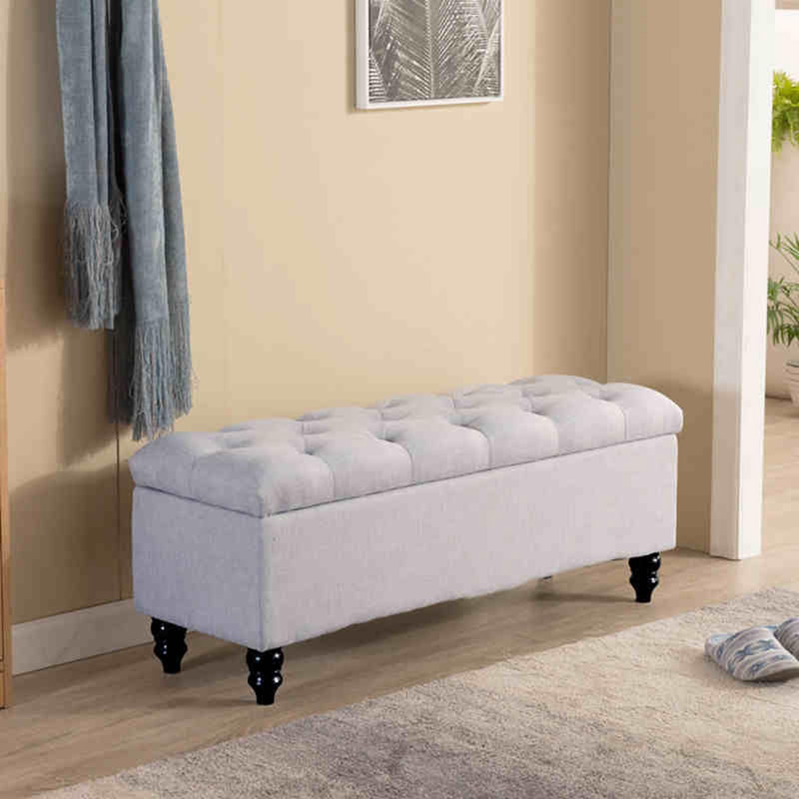 Ottoman rectangulaire rembourré avec rangement dissimulé blanc coffre de bout de lit velours