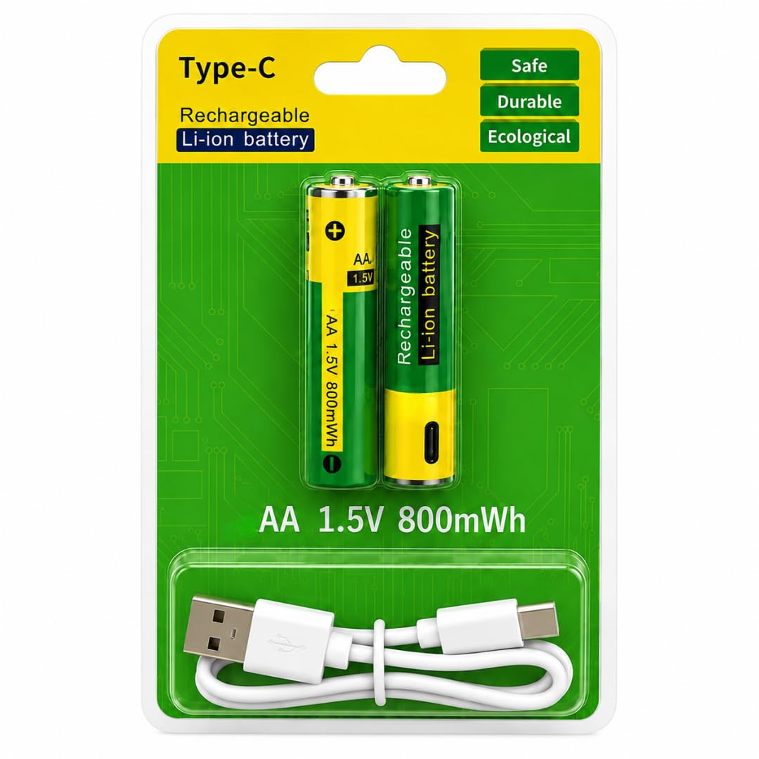 USB Type-C Rechargeable AA Batteries 2 Pack, 1.5 V Li-ion Battery Cells with Charging Cable, AA Rechargeable Battery Set for Remote Controls, Toys, Wireless Accessories (800mWh/1.5V)-picture-45