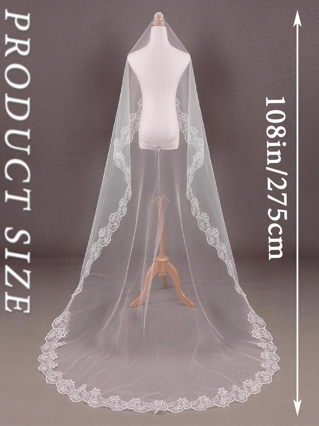 Foyte Cathedral Wedding Veil with Comb 1 Tier Lace Long Veils Lace Applique Veil for Women and Brides