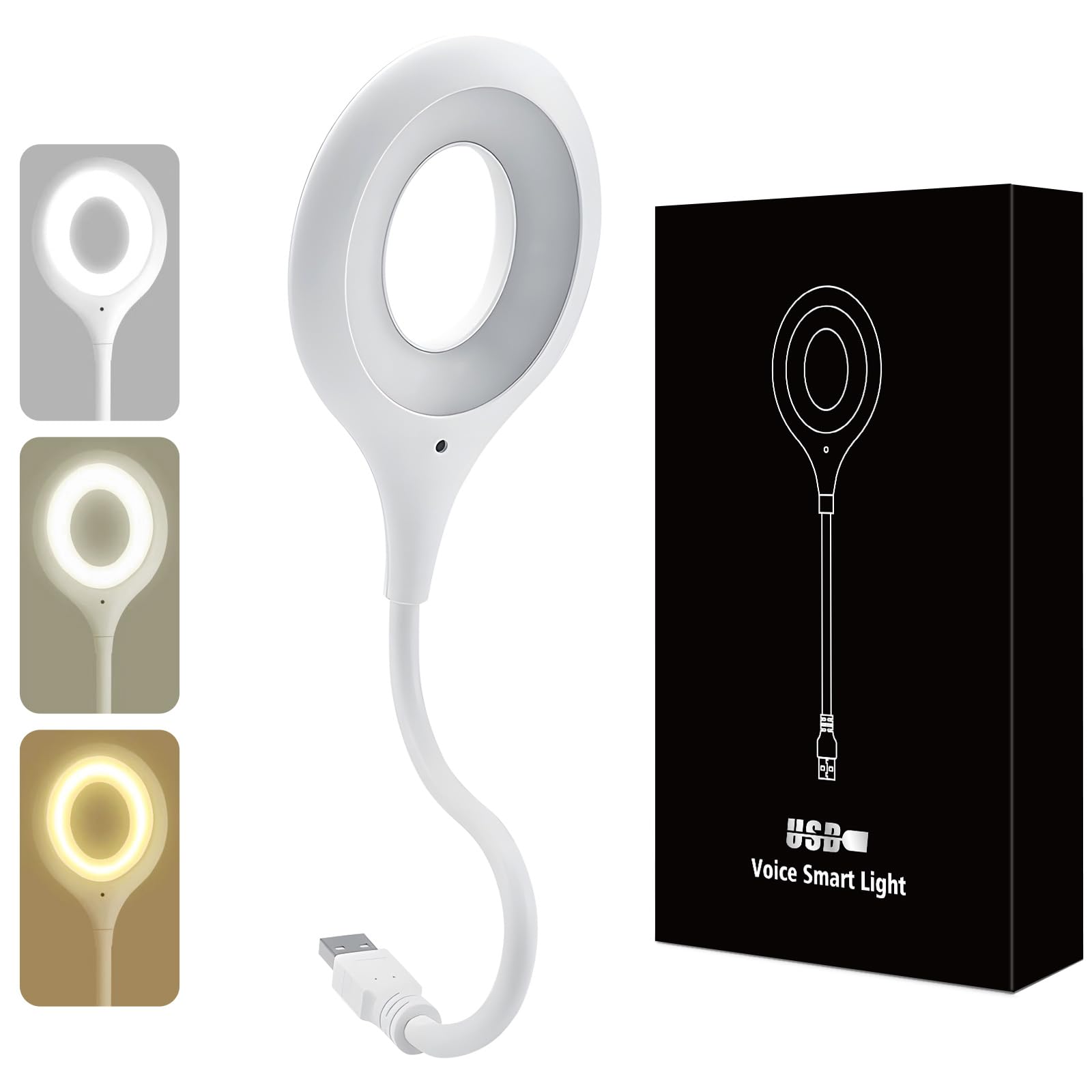 VKH - Lámpara de mesa LED USB inteligente con control de voz (EN), 3 colores regulables, cabeza giratoria 360°, luz suave antifatiga, ideal para estudiar, leer, mesilla de noche