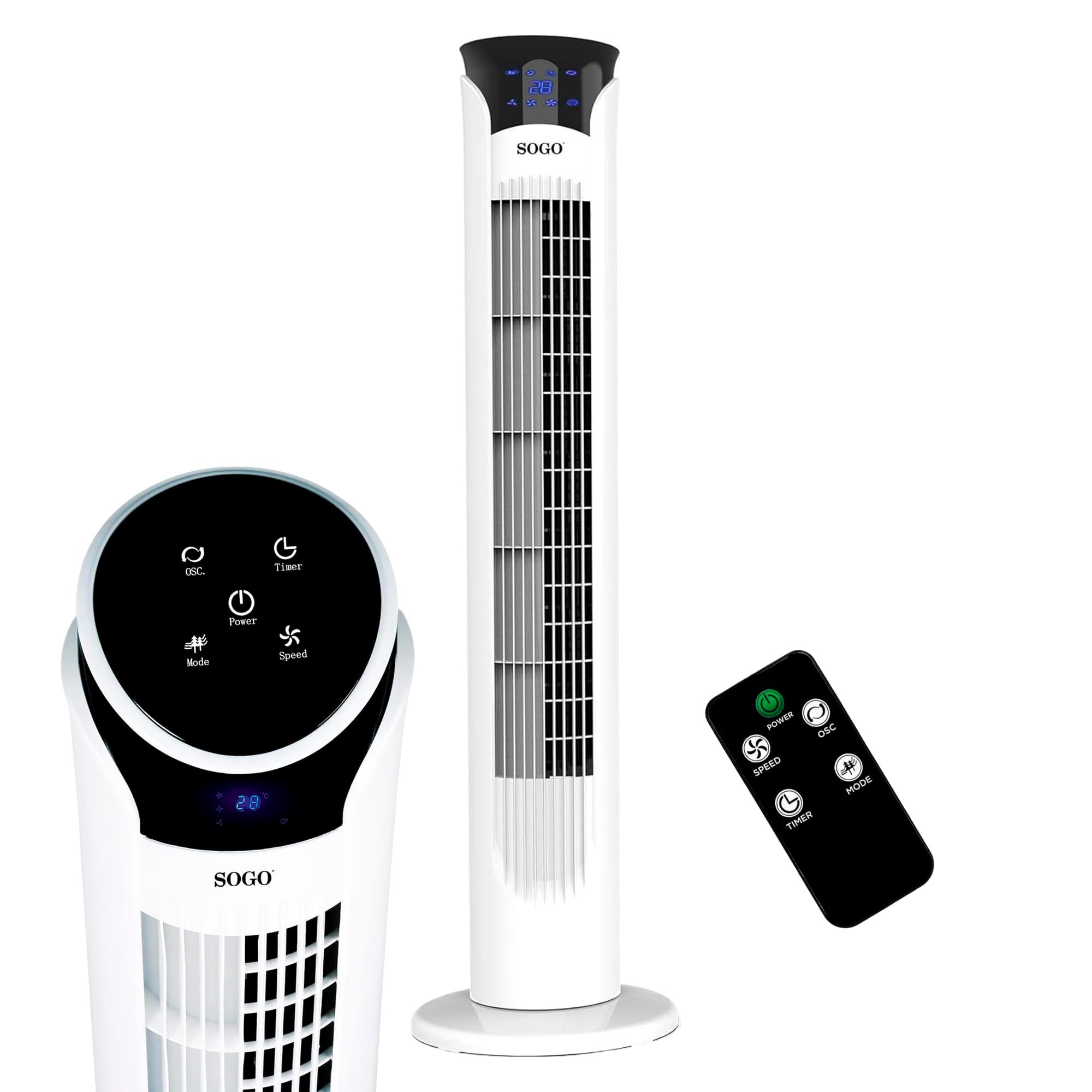 SOGO Ventilador Torre Silencioso con Mando a Distancia y Temporizador 12H - Ventilador de Pie Oscilante con Pantalla LED y 3 Velocidades Ajustables - Ventilador Torre Potente para Hogar y Oficina