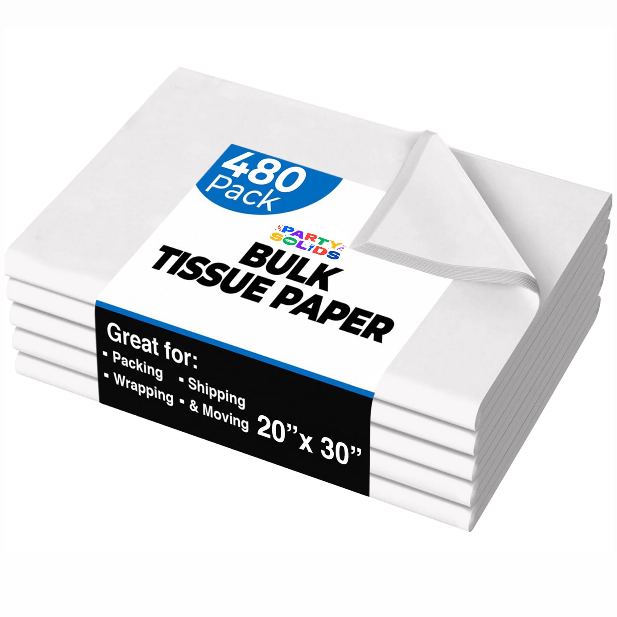 Party Solids White Tissue Paper for Gift Bags - 20" X 30" Bulk Tissue Paper White 480 Sheets - 10lb Newsprint for Packing, Birthday Gift Box Filler, Packing Supplies for Moving Supplies