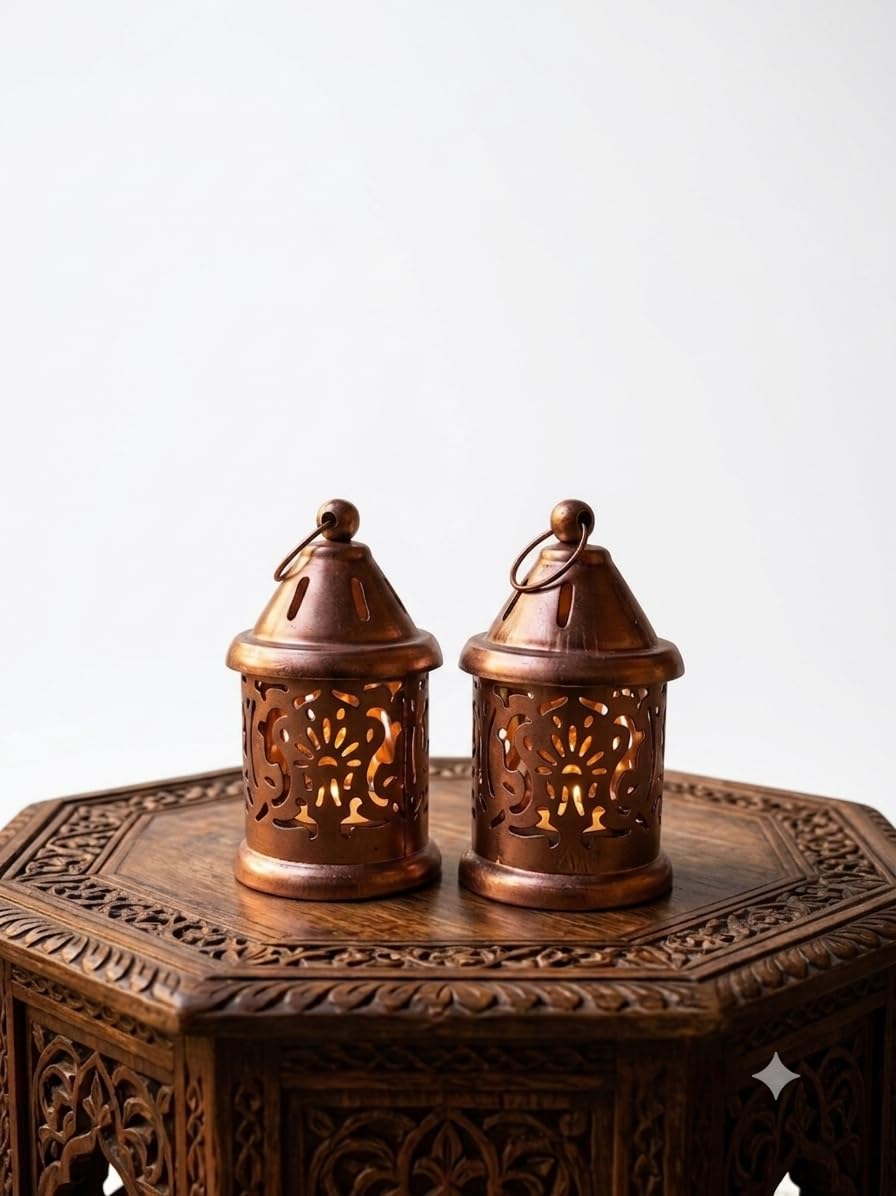 S.S Handicraft Set of 2 Antique Copper Finish Iron Tealight Candle Holders | Small Decorative Hanging Lanterns for Home Decor, Festive Gifting, and Table Centerpieces (11.5 x 6 cm)-image-42