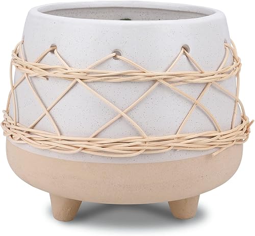 Macetero de cerámica de 7 pulgadas para interiores y exteriores con agujero de drenaje, macetas de mediados de siglo de cerámica