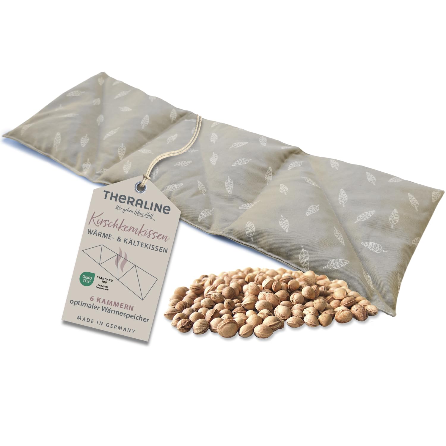 Theraline Kirschkernkissen groß 55x20 cm – Wärmekissen für Nacken, Schultern & Rücken mit 6 Kammern und Hülle aus 100% Baumwolle, Körnerkissen, Kirschkernkissen Mikrowelle (Blättertanz taupe)