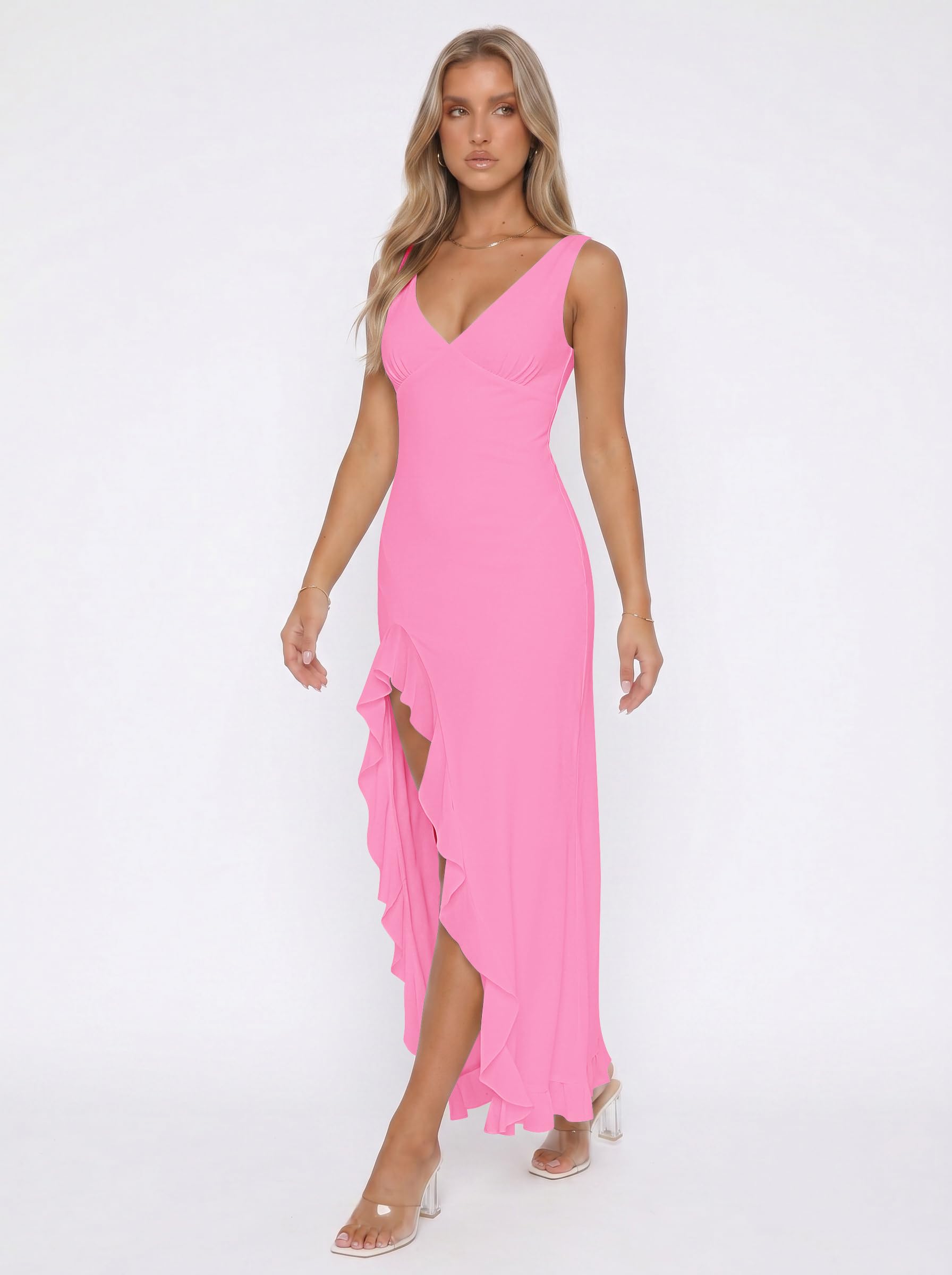 Vestidos de Fiesta Mujer Elegantes Sin Mangas Cuello V Vestido Largo con Volantes y Abertura Vestido de Malla Verano Sexy Sin Espalda Ajustado Maxi Vestidos de Boda Invitada Cóctel Noche