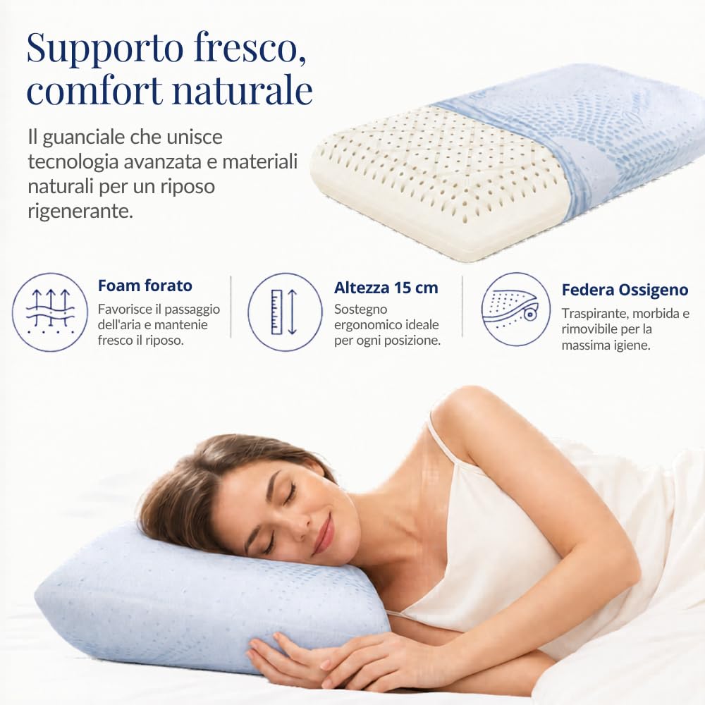 DREAM HAVEN Coussin de 15 cm de haut, coussin à mémoire de forme, perforé avec taie d'oxygène, respirant, anti-acariens, anti-rides et hypoallergénique, coussin de lit ergonomique fabriqué en Italie