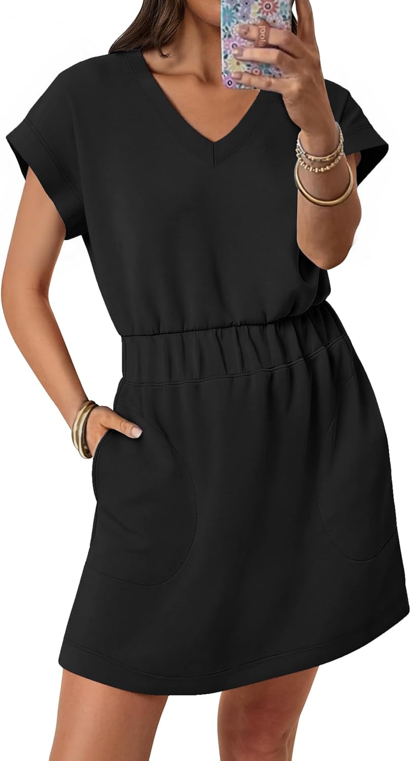 ANRABESS Womens Summer Dresses Casual V Neck Short Sleeve Elastic Waist Mini Tshirt Dress Beach Vacation Sundress with Pocket