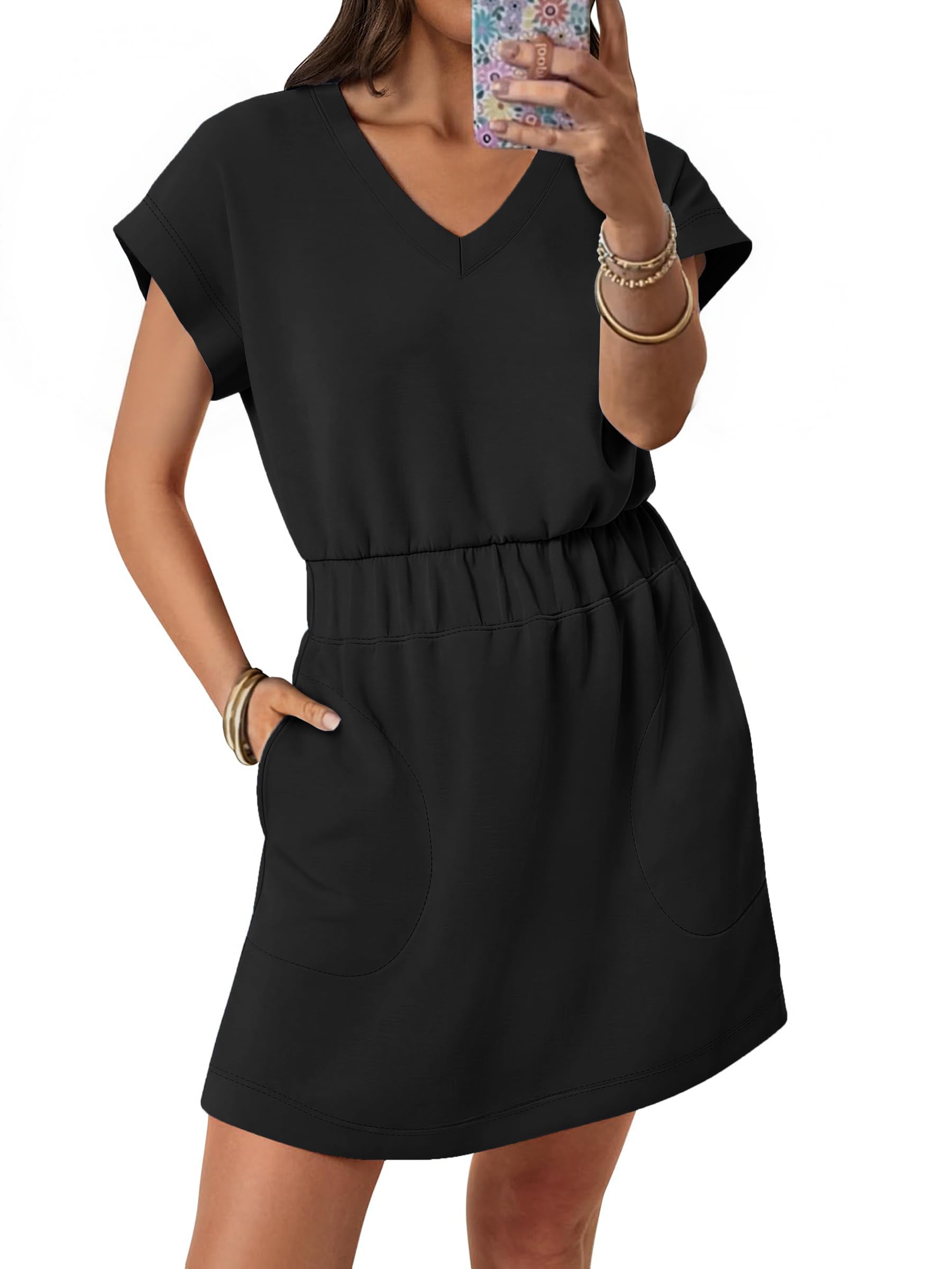 ANRABESS Womens Summer Dresses Casual V Neck Short Sleeve Elastic Waist Mini Tshirt Dress Beach Vacation Sundress with Pocket
