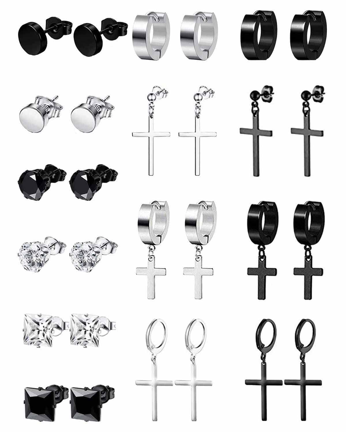 VELESAY 13-14Pares Aros Pendientes Hombre Acero Inoxidable Pendientes Aro Punk Colgantes Cruz Pendiente Aros Hombres Aretes Kpop Huggie Pendientes Redondos Colgantes Conjunto Pendientes para Hombres y Mujeres