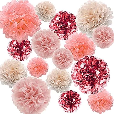 YZNLife 16 PCS Rose Gold Party Decorations - Metallic Tissue Paper Pom Poms Flower Kit for Baby Shower Bridal Shower Wedding Bachelorette Birthday Party (14", 10", 8", 6") Cover