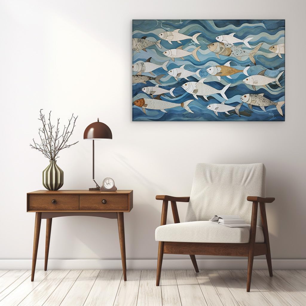 Canvas for Living room. Undercurrents of Vitality: An Energetic School of Fish in Abstract Waves, 27 x 18 inch Canvas Wall Art - Ready to Hang