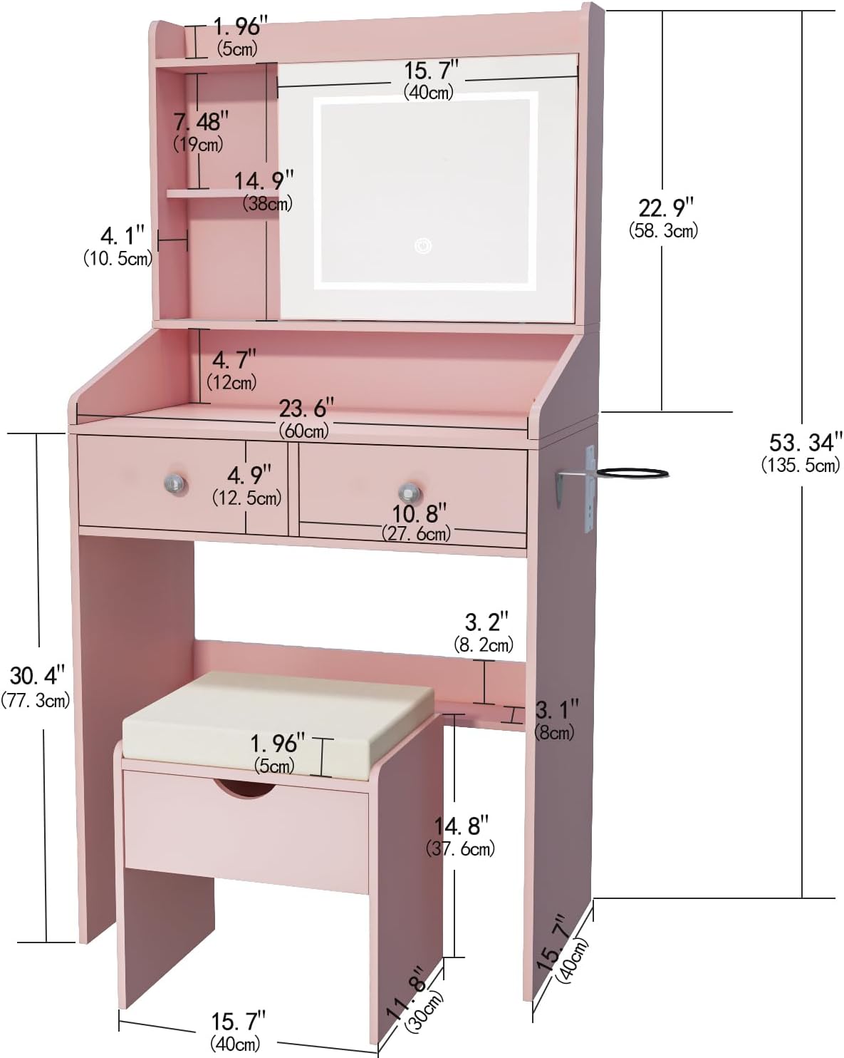Viaozutis Vanity, Small Vanity Desk with Sliding Mirror, Dimmable LED Lights, 2 Drawers,Vanity Table Ideal for Bedroom（Pink）