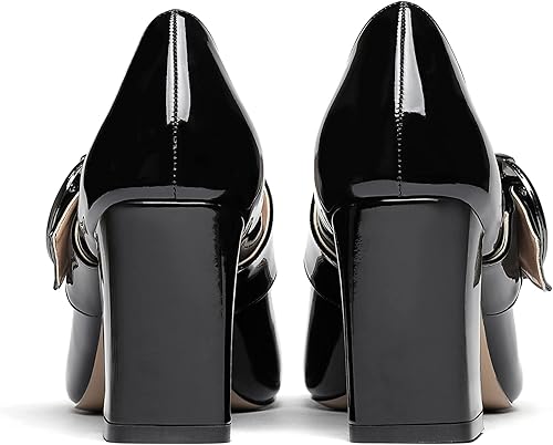 Vista 4 de WAYDERNS Zapatos de tacón alto Mary Jane de charol para mujer, correa ajustable, punta cuadrada, hebilla y tacón alto, 3 pulgadas