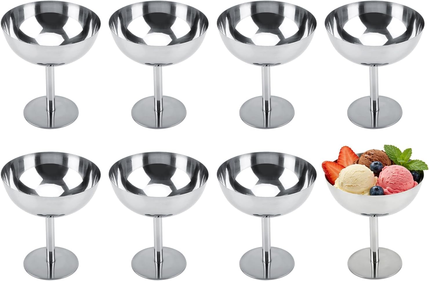 Hapivida 8pcs Ice Cream Bowls, Stainless Steel Dessert Cups Silver Mini Serving Dessert Bowls Salad Holder Round Footed for Fruit Pudding