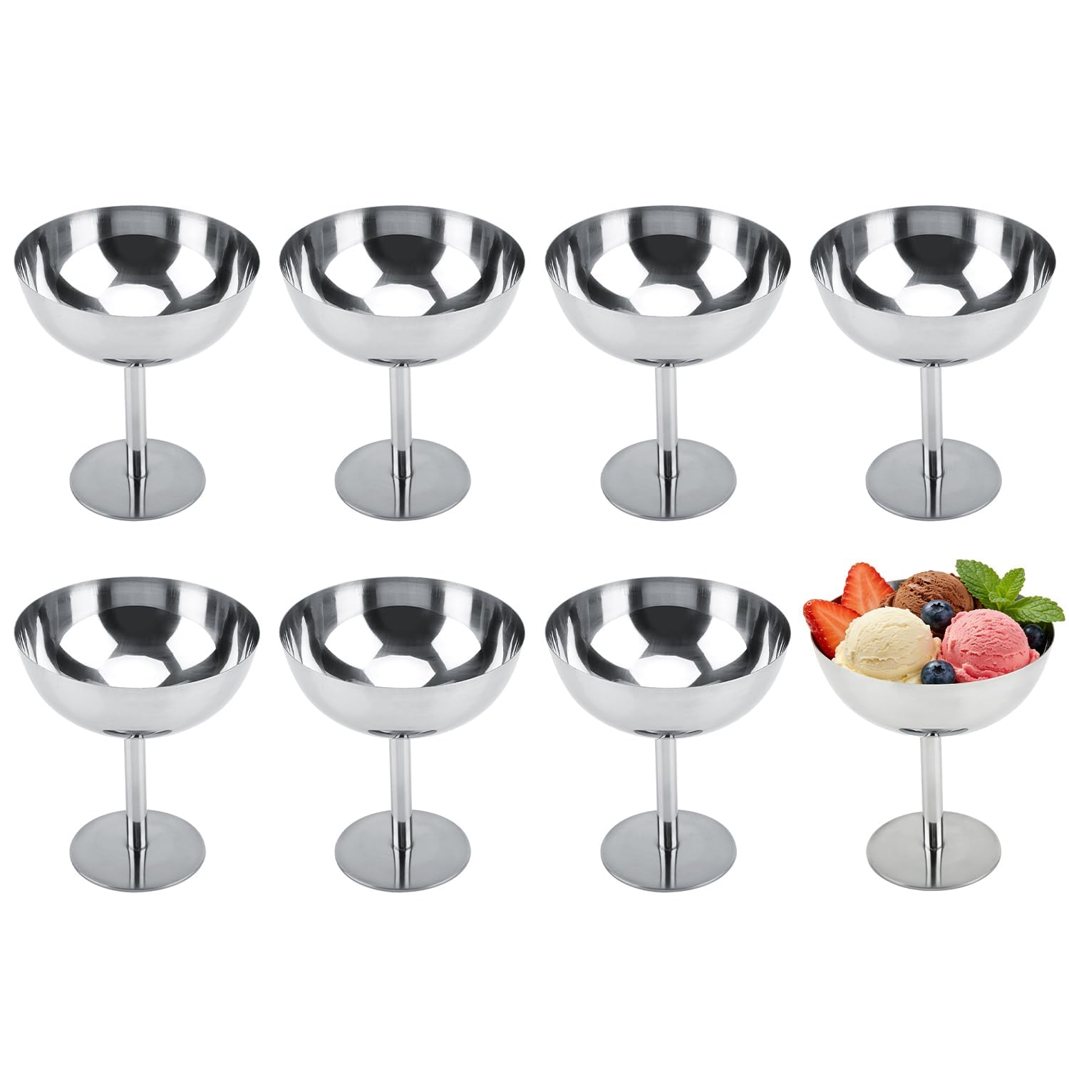 Hapivida Set of 8 Ice Cream Sundae Bowls, 200ml Stainless Steel Dessert Cups Footed Trifle Bowl Serving Dishes Mini Milk Shake Cups for Ice Cream, Desserts, Pudding, Fruit, Appetizer, Salad — image 1