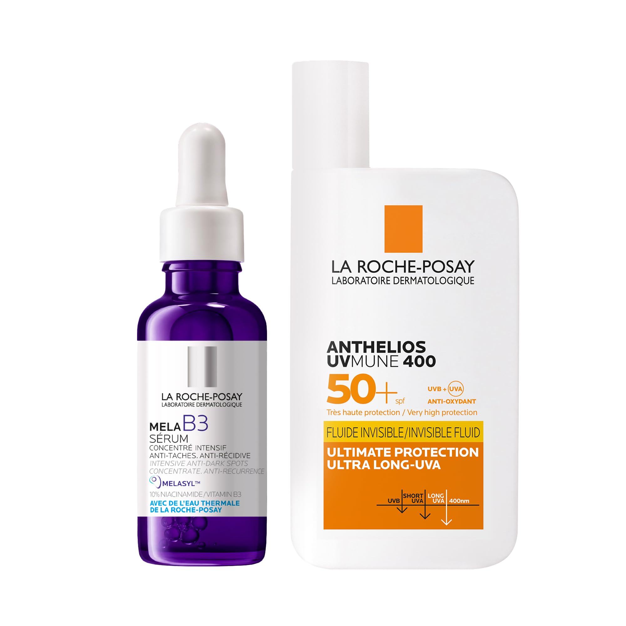 La Roche-Posay Set mit Mela B3 Serum und Anthelios UVMune 400 Invisible Fluid, Bei Hyperpigmentierung, Mildert Pigmentflecken & unebenmäßige Haut, Mit Melasyl, Mexoryl & LSF50, 30 ml + 50 ml