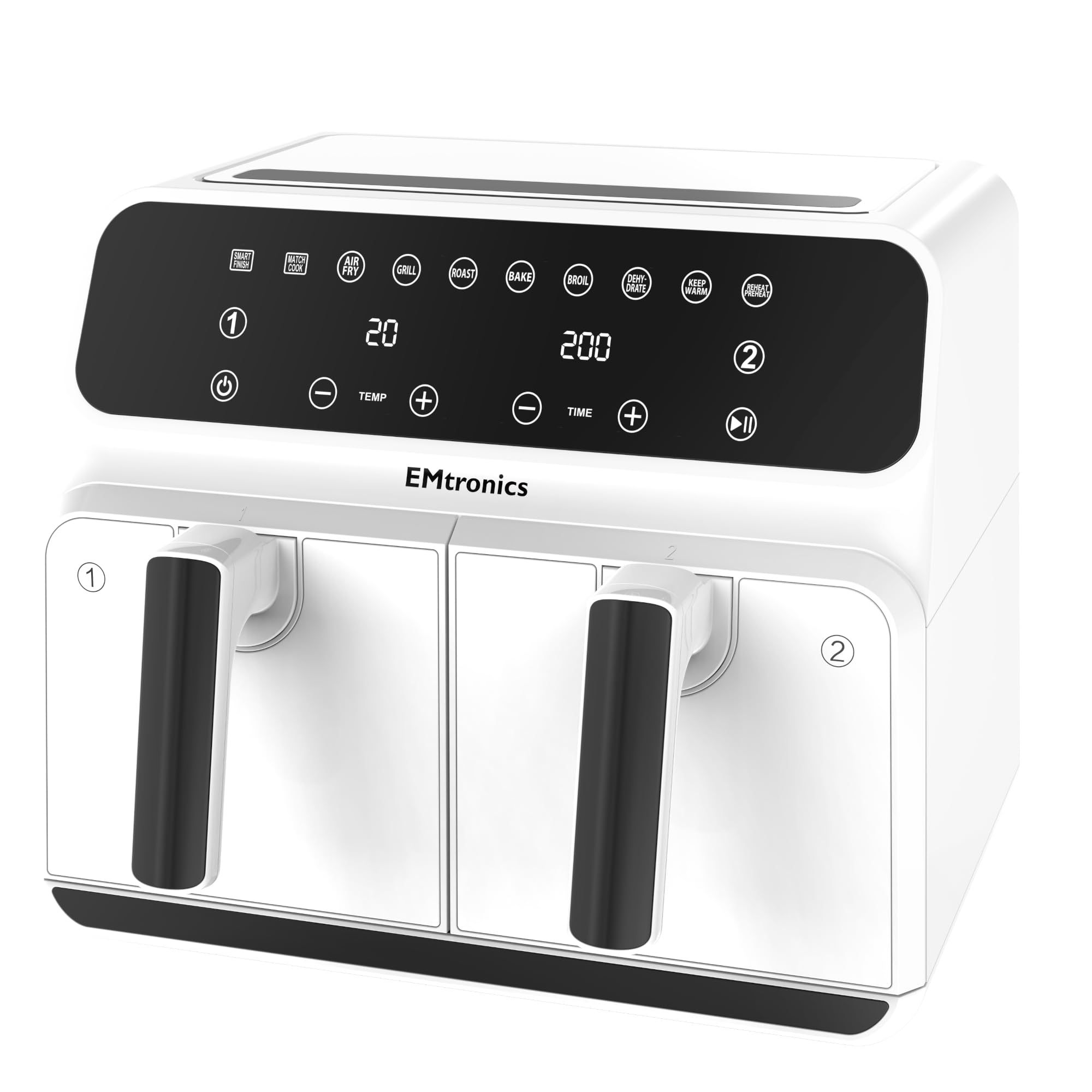 EMtronics EMAFDD8LWH Dual Air Fryer Extra Large Family Size Double XL 8 Litre with 8 Adjustable Pre-Set Menus for Oil Free & Low Fat Healthy Cooking, Easy Clean Metal Interior, 99-Minute Timer - White