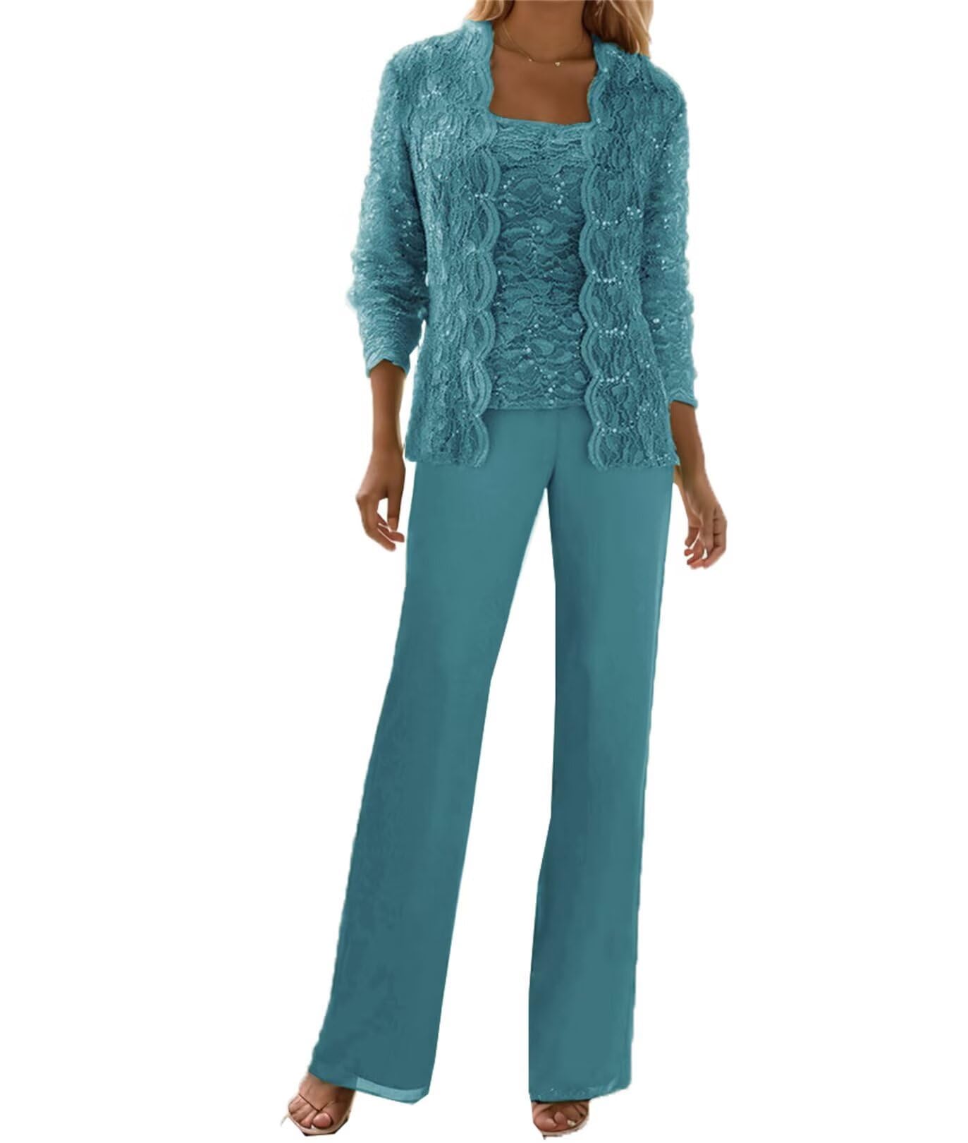 3 Piece Mother of The Bride Pant Suit Chiffon Sequins Plus Size Wedding Guest Outfit for Women with