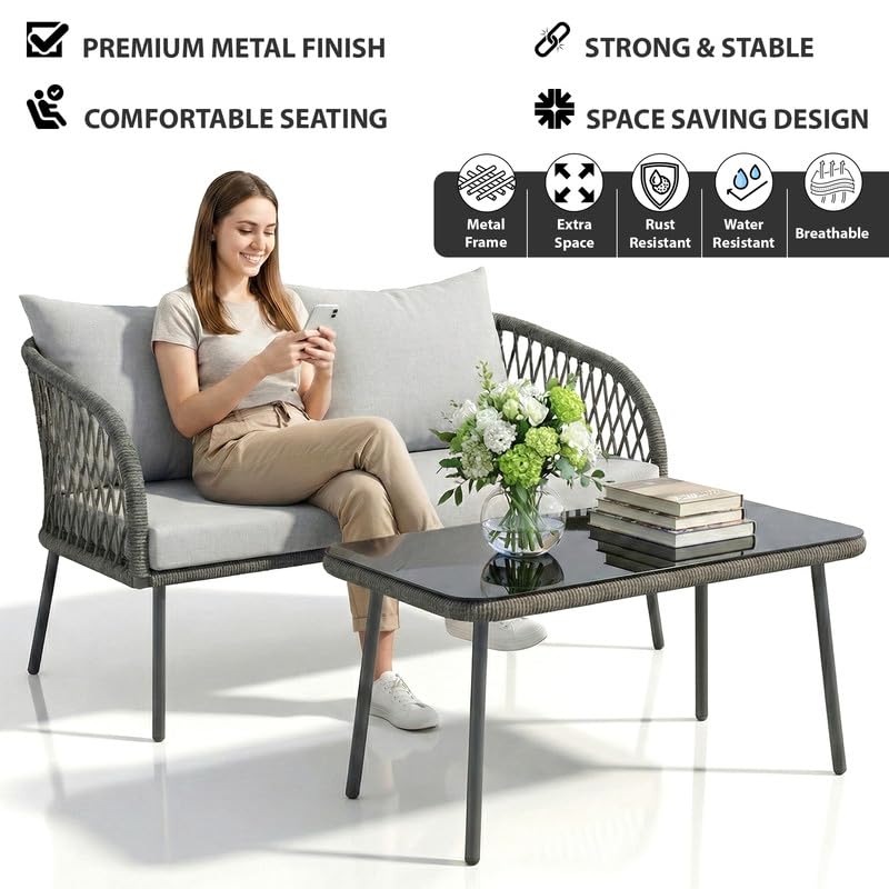 Image of OUTLIVING Braid Rope & Metal Frame Outdoor 4-Seater Sofa Set with Tempered Glass Top Center Table, Water-Repellent Cushions & Handwoven Design for Patio, Garden and Balcony (Grey)