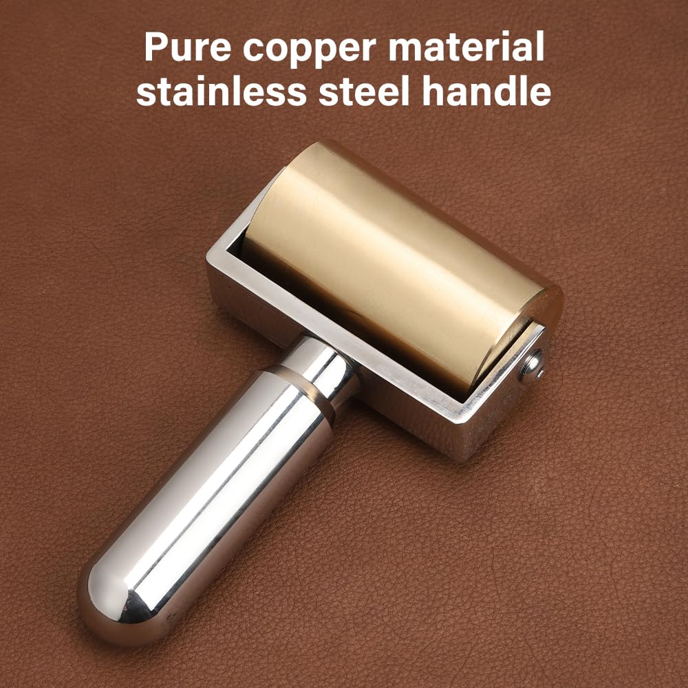 WUTA Rodillo de presión de 65 mm de latón macizo + acero inoxidable, rodillo de piel para pegamento y laminación, alisador profesional de bordes y rodillo de costura para procesamiento de cuero DIY