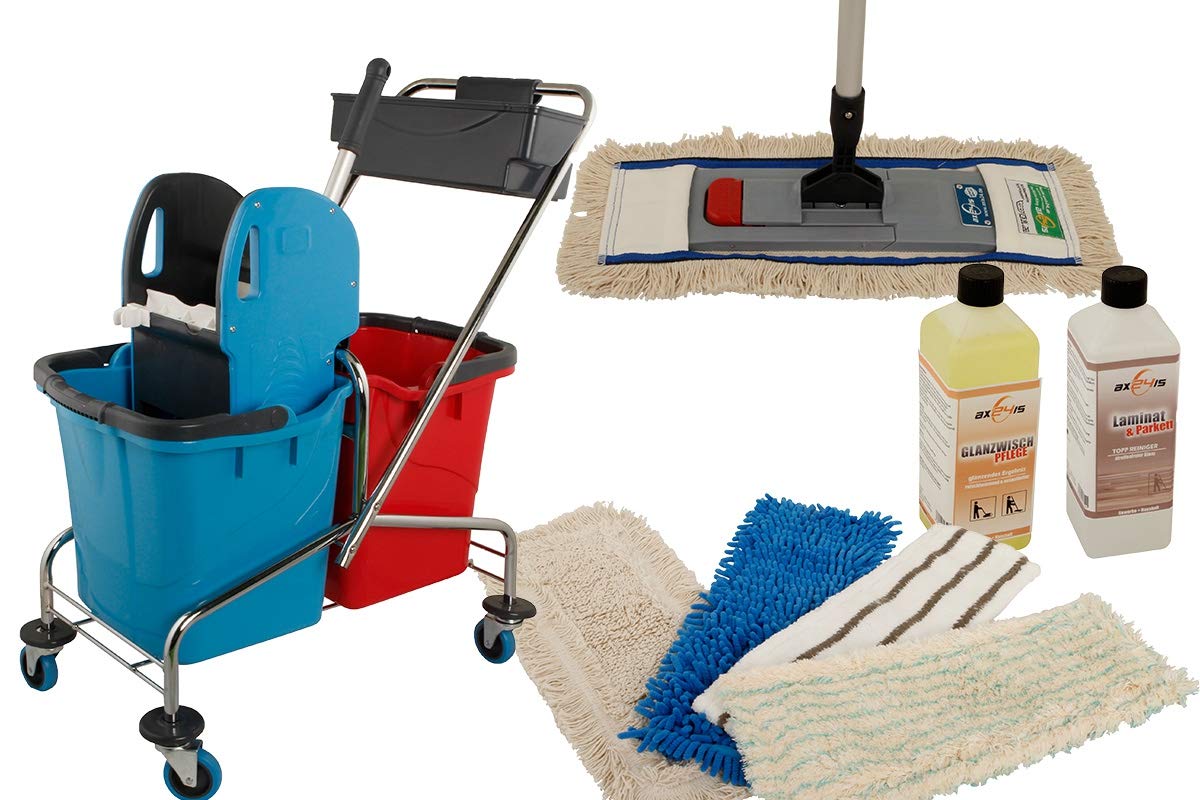 Carro de Limpieza Profesional 2x25L - Cubo Doble con Prensa Cromo | Kit completo de 10 piezas con trapeadores Pro-Master, soportes magnéticos y 2L de limpiador para todo tipo de suelos