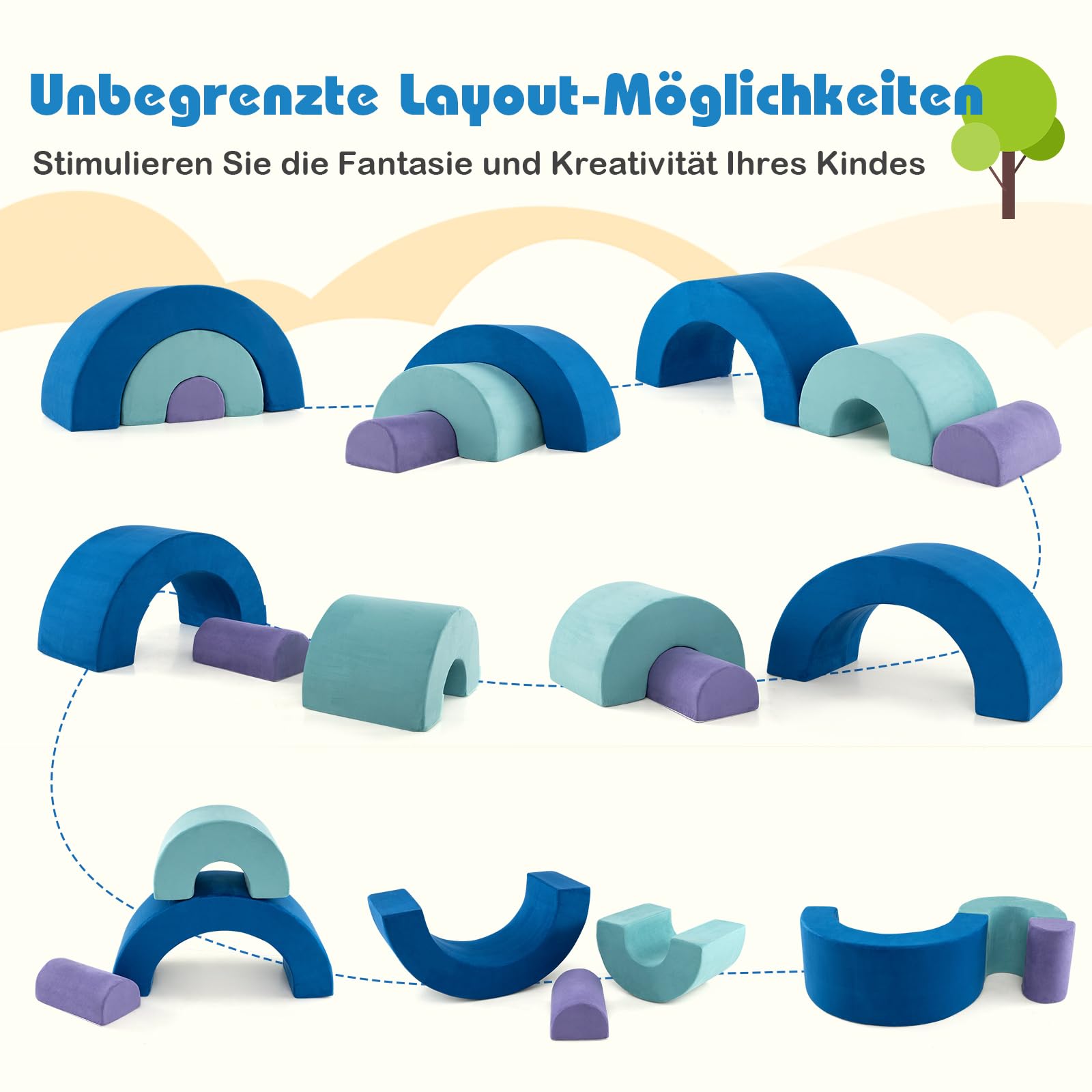 COSTWAY 3-TLG. Softbausteine, Schaumstoffbausteine zum Klettern und Krabbeln für Babys, Kletterbogen, Riesenbausteine aus Schaumstoff, Großbausteine für den Innenbereich (Blau)